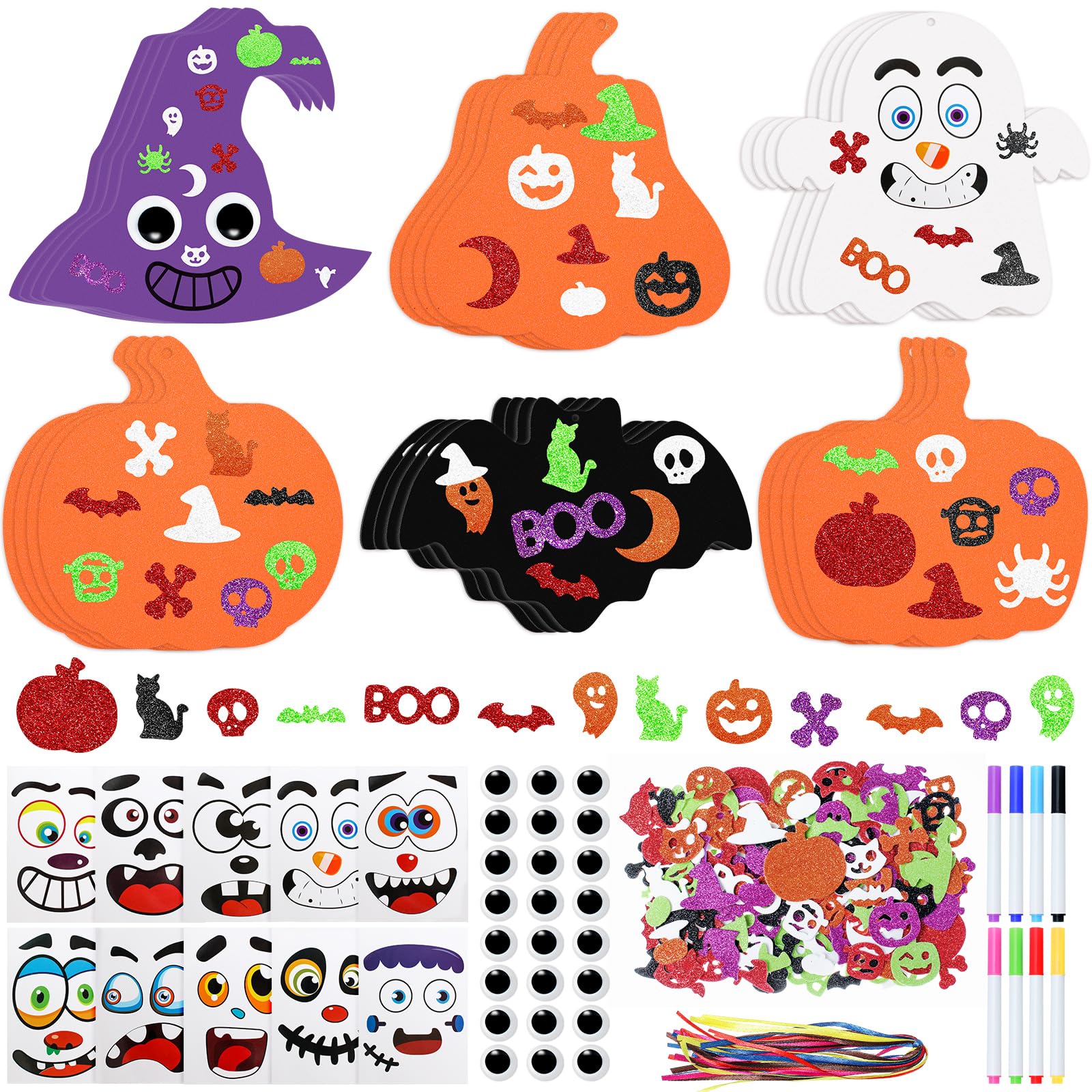 GOMANCHE 290Pcs Halloween Crafts for Kids, Bulk Halloween Foam Pumpkins, Bat, Ghost & Witch Hat Hanging Ornaments