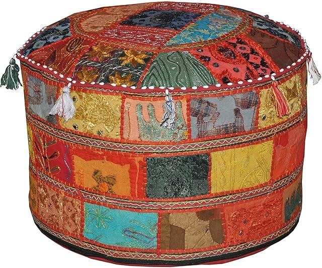 Indian Round Patchwork Embroidered Footstool Cover | Indoor Living Room Leg Rest | Ergonomic Design for Body Support | Durable & Comfortable Boho Decor Ottoman Pouf covers (Multi, 18X14 Inch)