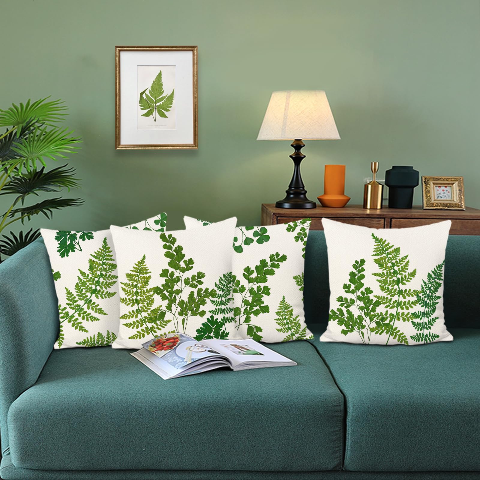 4 Federe Per Cuscini Decorative 45x45 Cm Con Foglie Di Felce Verde - Bonhause - Copricuscini In Poliestere Per Divano, Letto E Auto - 2