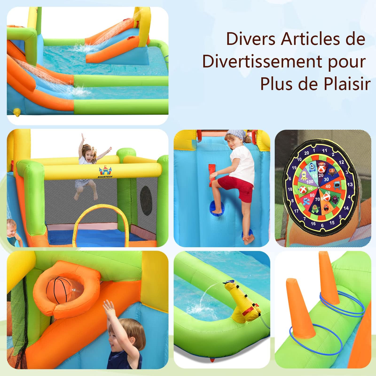 COSTWAY Château Gonflable 8 en 1 avec 2 Toboggans, Parc Aquatique avec Maison de Saut, Mur d'escalade, Panier de Basket, Sac de Transport, Charge 135kg pour 3 Enfants de 3-10 Ans