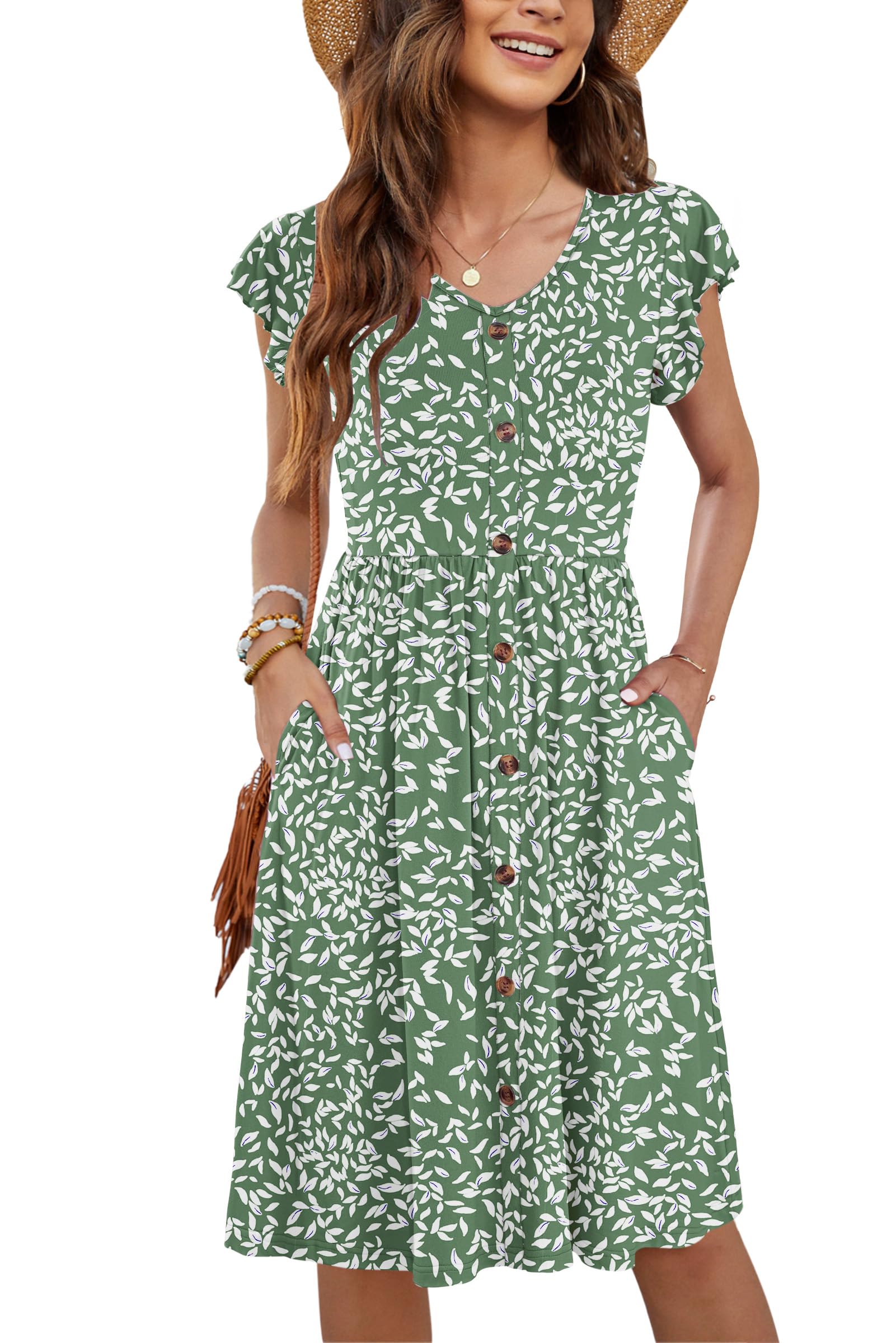 MOLERANI Women Summer Dresses Ruffle Sleeve V Neck Casual Swing Elastic Waist Midi Dress with Pockets Olive Green 2XL