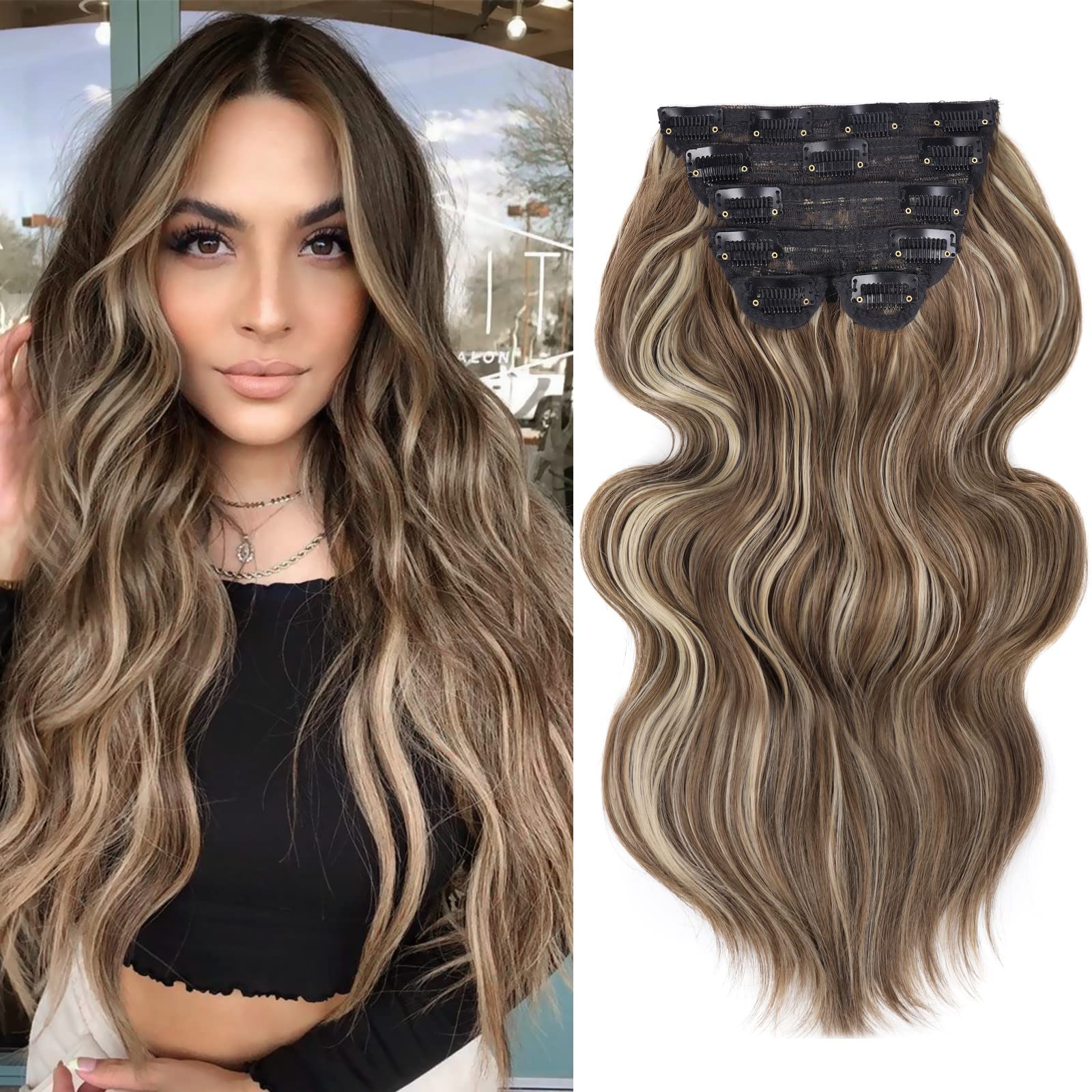 BHF20 inch Wavy Clip in hair Extensions Full Head Synthetic Thick Hair Piece for Women 6pcs Double Weft Long Curly Hair Extensions（ Brown Mixed Ash Blonde）