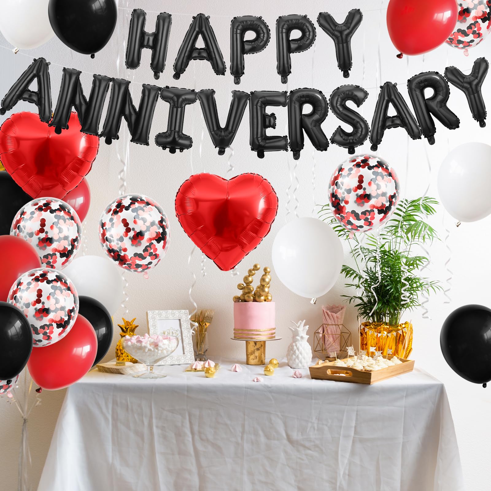 Anniversary Decorations Black Red,Happy Anniversary Foil Balloon Banner with Confetti Latex Balloons,Foil Heart Balloons for Celebrations Surprise Events Romantic Night Weddings - Image 4