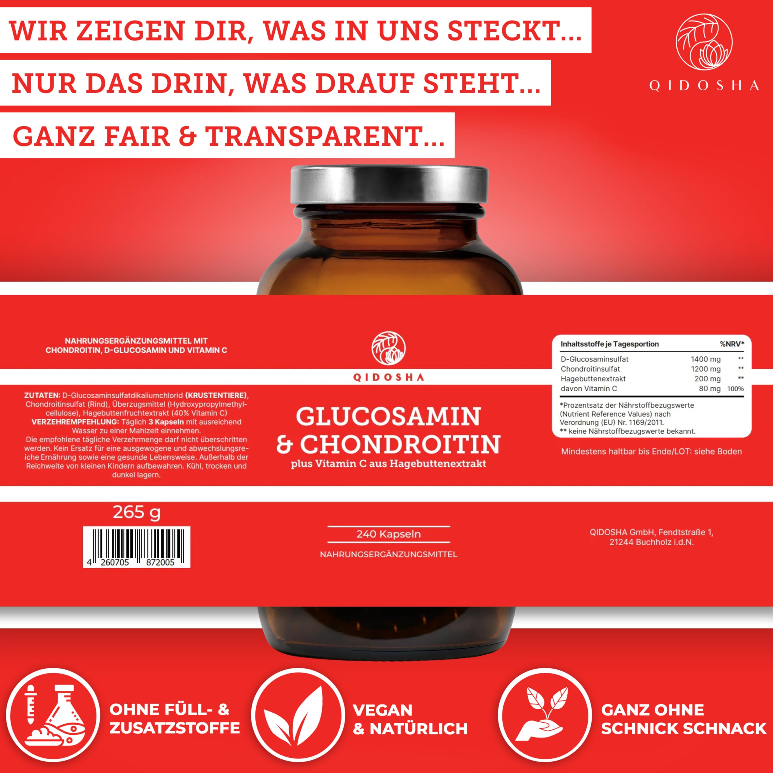 QIDOSHA® Glucosamin & Chondroitin plus Vitamin C, 240 Kapseln, jede Charge laborgeprüft, deutsche Fertigung, 1400mg Glucosamin, 1200mg Chondroitin & 200mg Hagebuttenextrakt je Tagesportion (3 Kapseln)