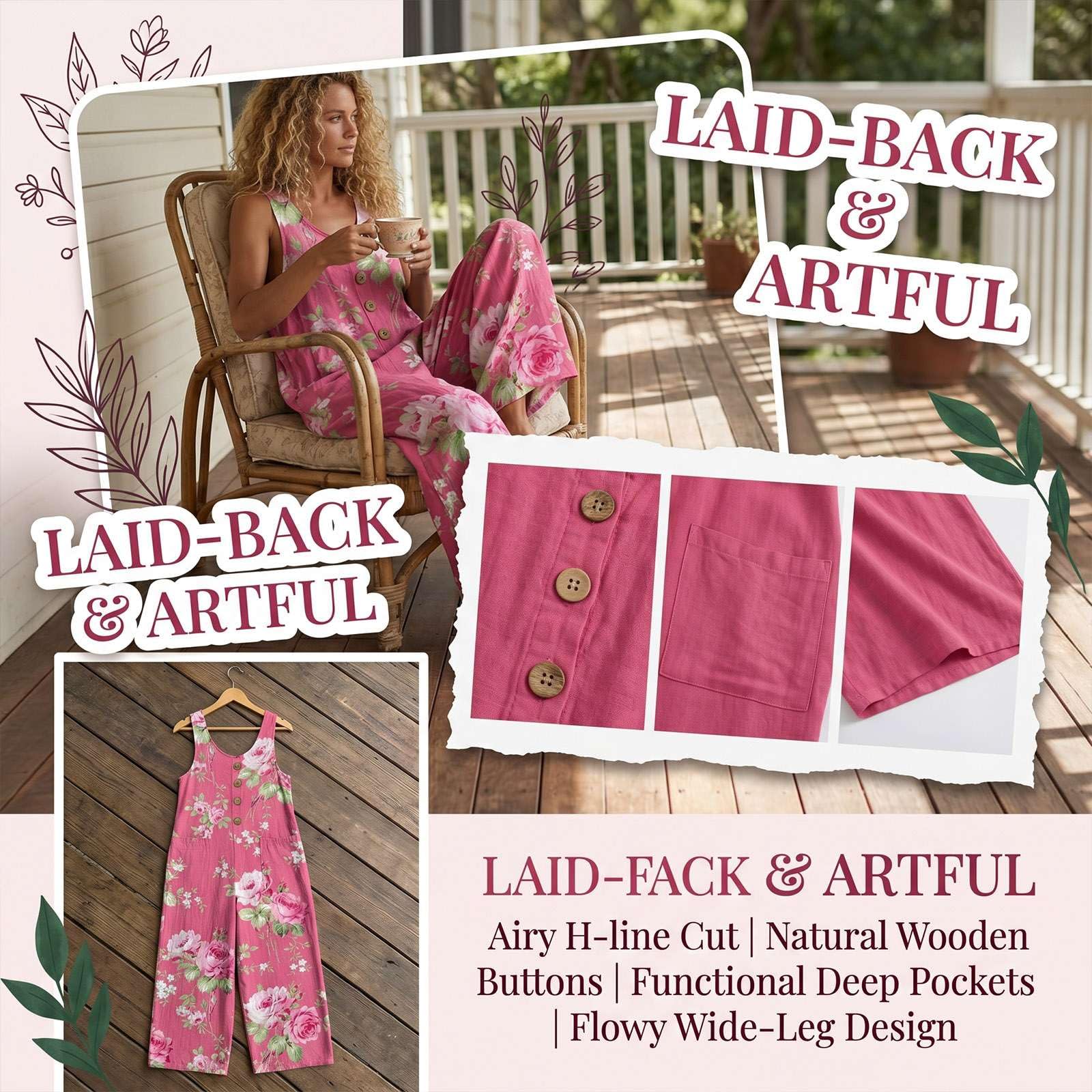 Salopette Donna Estiva, Tuta Intera Elegante Boho Chic Senza Maniche, Tuta Larga Stampa con Tasche Baggy Wide Leg, Tute Cotone Casual Comode per Mare Vacanza e Tempo Libero