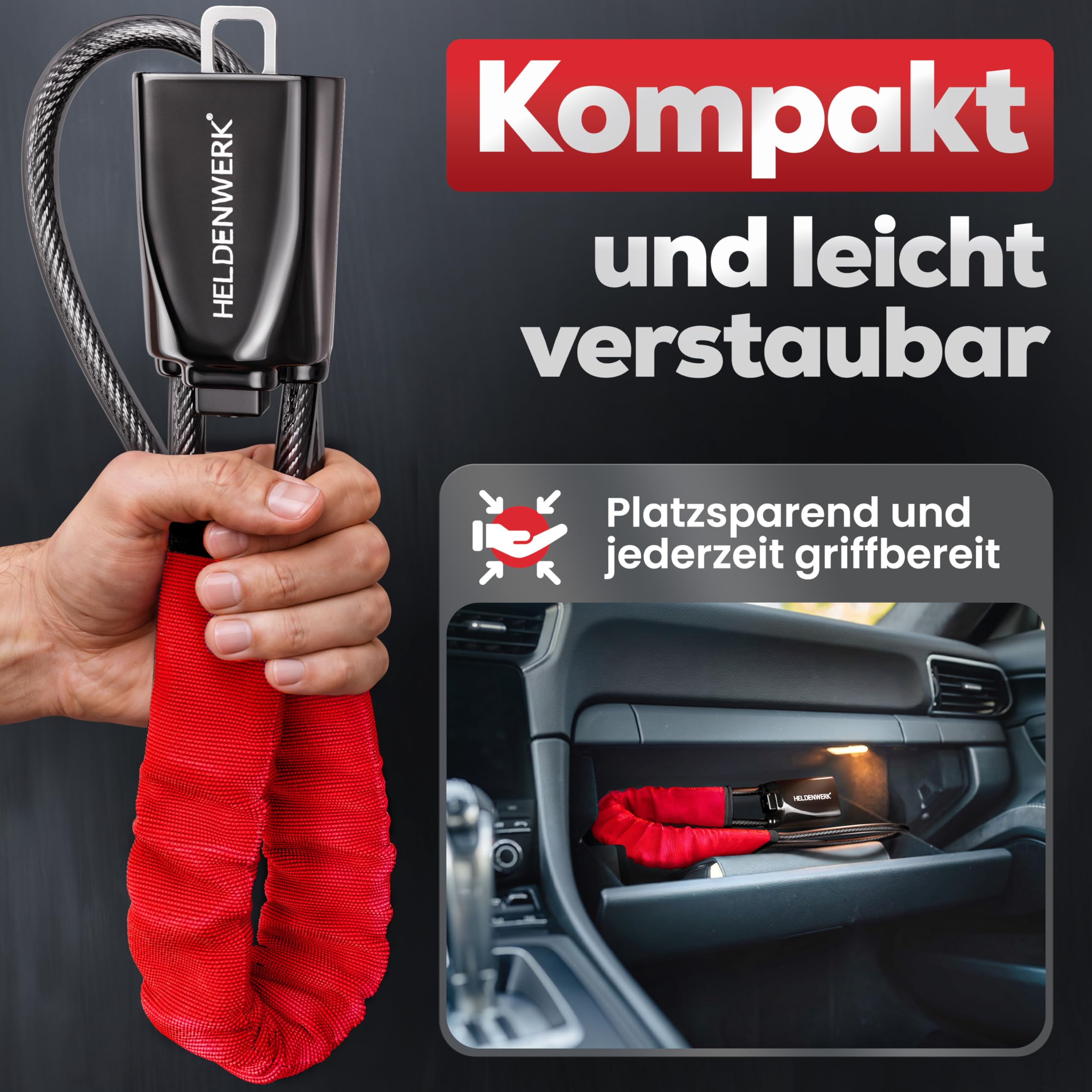 HELDENWERK® Artiglio volante per auto e camper in metallo – Misura universale – Blocco volante con corda d'acciaio spessa – Immobilizzatore antifurto con 3 chiavi di sicurezza (rosso)