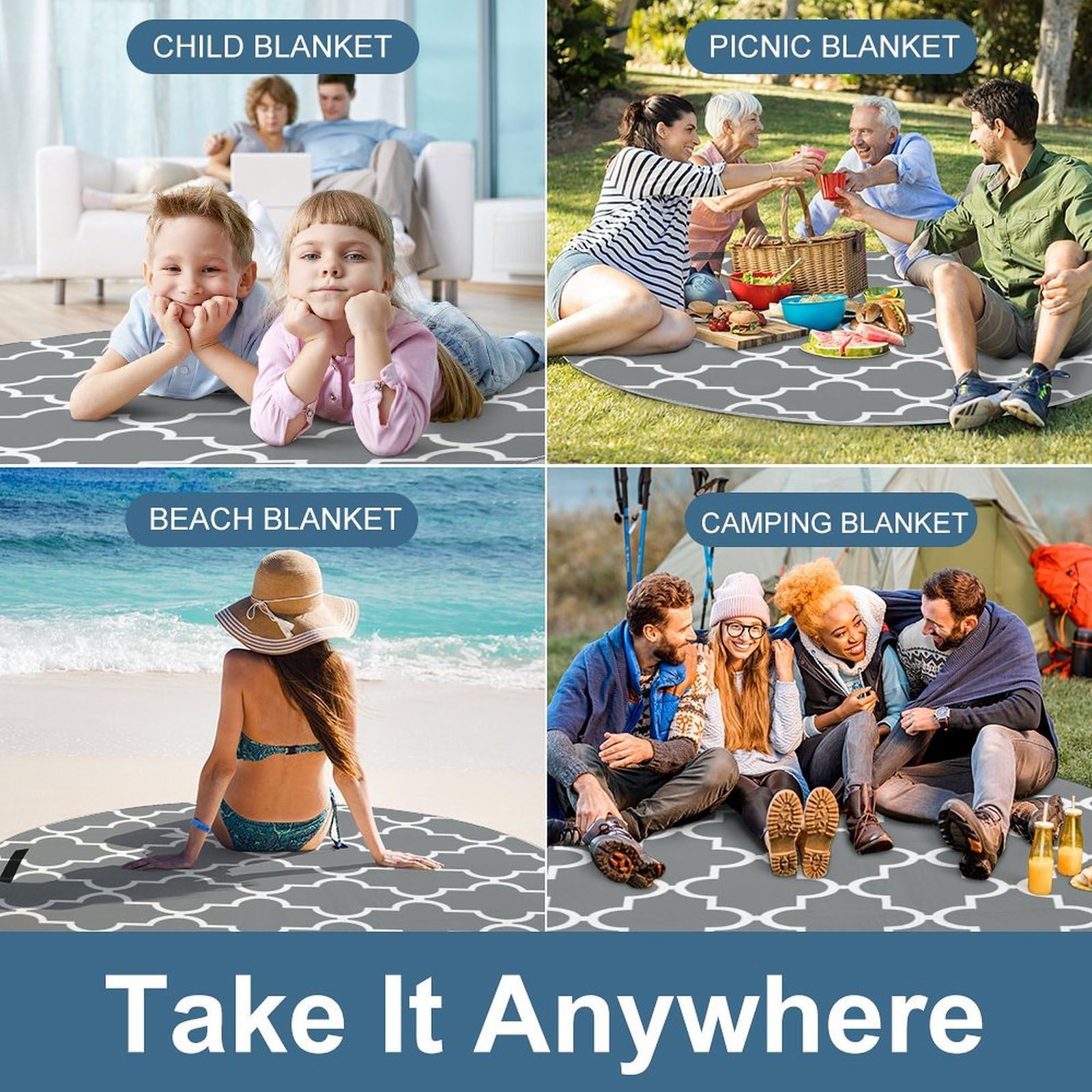 Tappeto rotondo da esterno a quadrifoglio grigio da 148 cm, per decorazione patio e picnic all'aperto. Coperte da spiaggia - Coperta da spiaggia pieghevole impermeabile a prova di sabbia