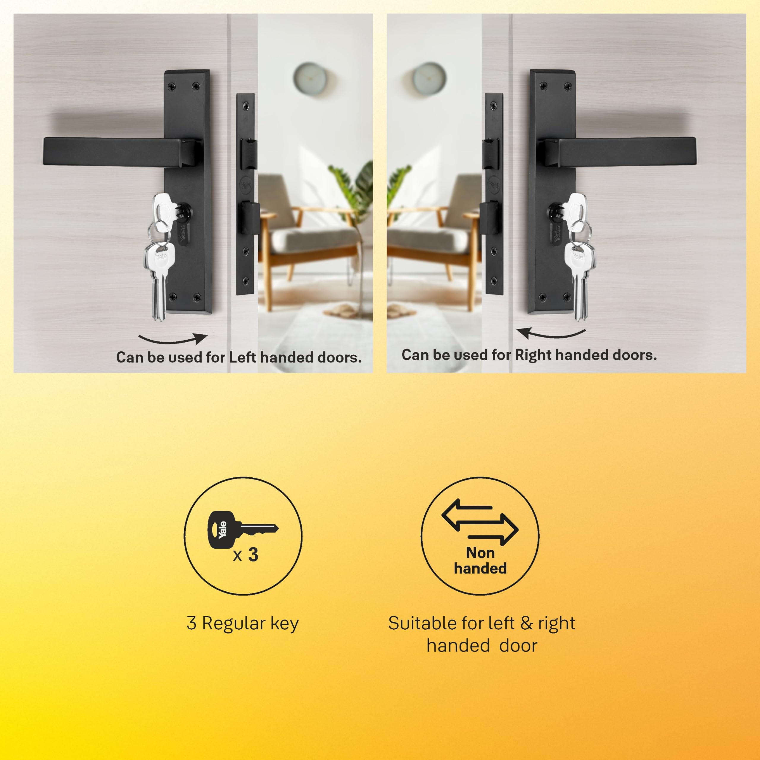 Yale YECM-405-8P-TT-BM Mortise Door Lock for Bedroom/Home/Office/Hotel Suitable for Left/Right Handed Doors, Handle Set Comes with 8" Backplate Thumb Turn, 3 Keys Cylinder and Lock Body (Black Matt) 2