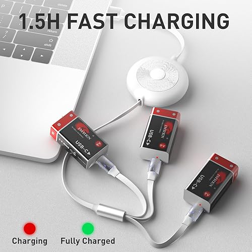 Miniatura 4 de Imren Batteires de litio recargables de 9 V, 3600 mWh USB de 9 voltios de iones de litio recargable de larga duración, con cable de carga USB-C 4 en