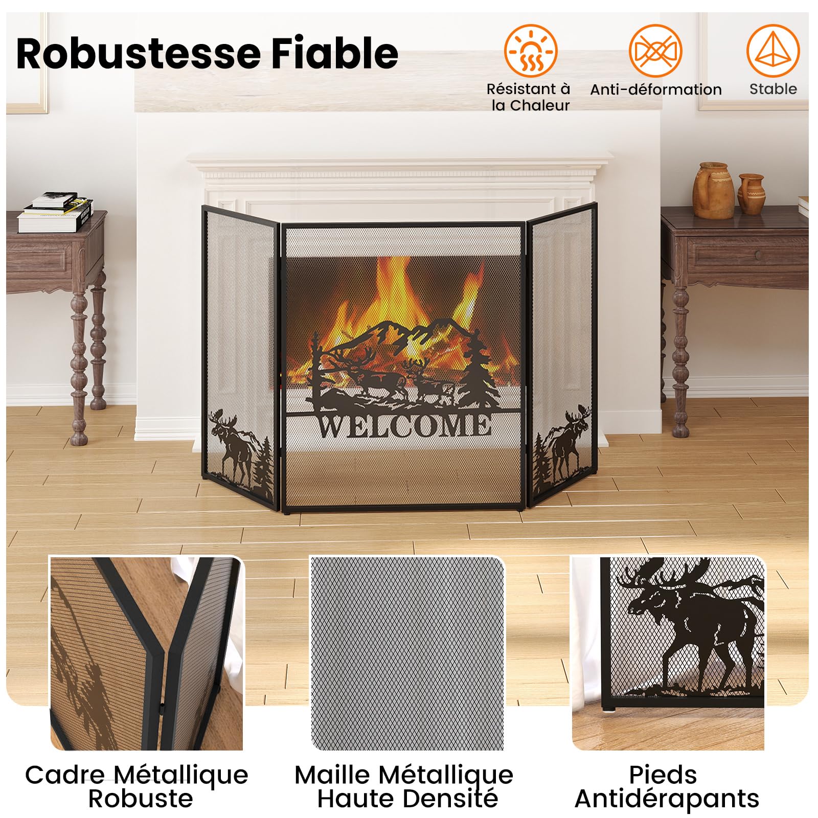 GOPLUS Pare Feu Cheminée Pliable 3 Panneaux en Fer, Écran de Cheminée Pare-Étincelles Pliable pour Décoration de Salon, Grille de Protection pour Cheminée Autoportante (Bienvenu, 132x79CM)