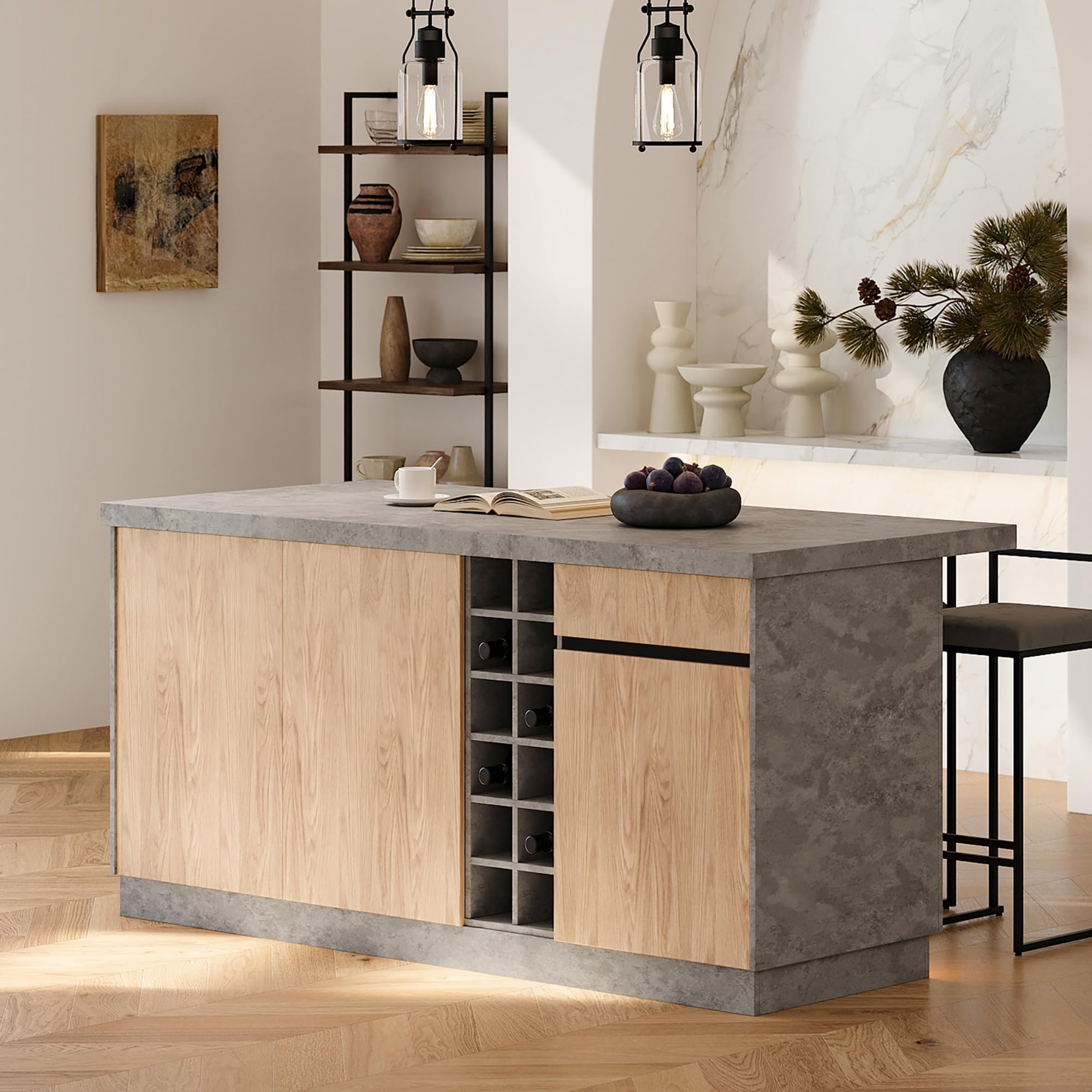 Homary Moderne Kücheninsel aus Melamin, 182,9 cm, mit Weinaufbewahrung und Sitzplatz, Stabiler Esstisch mit zusätzlichem Stauraum (Grau, 183cm: LED, Standard: Holzwerkstoffe)