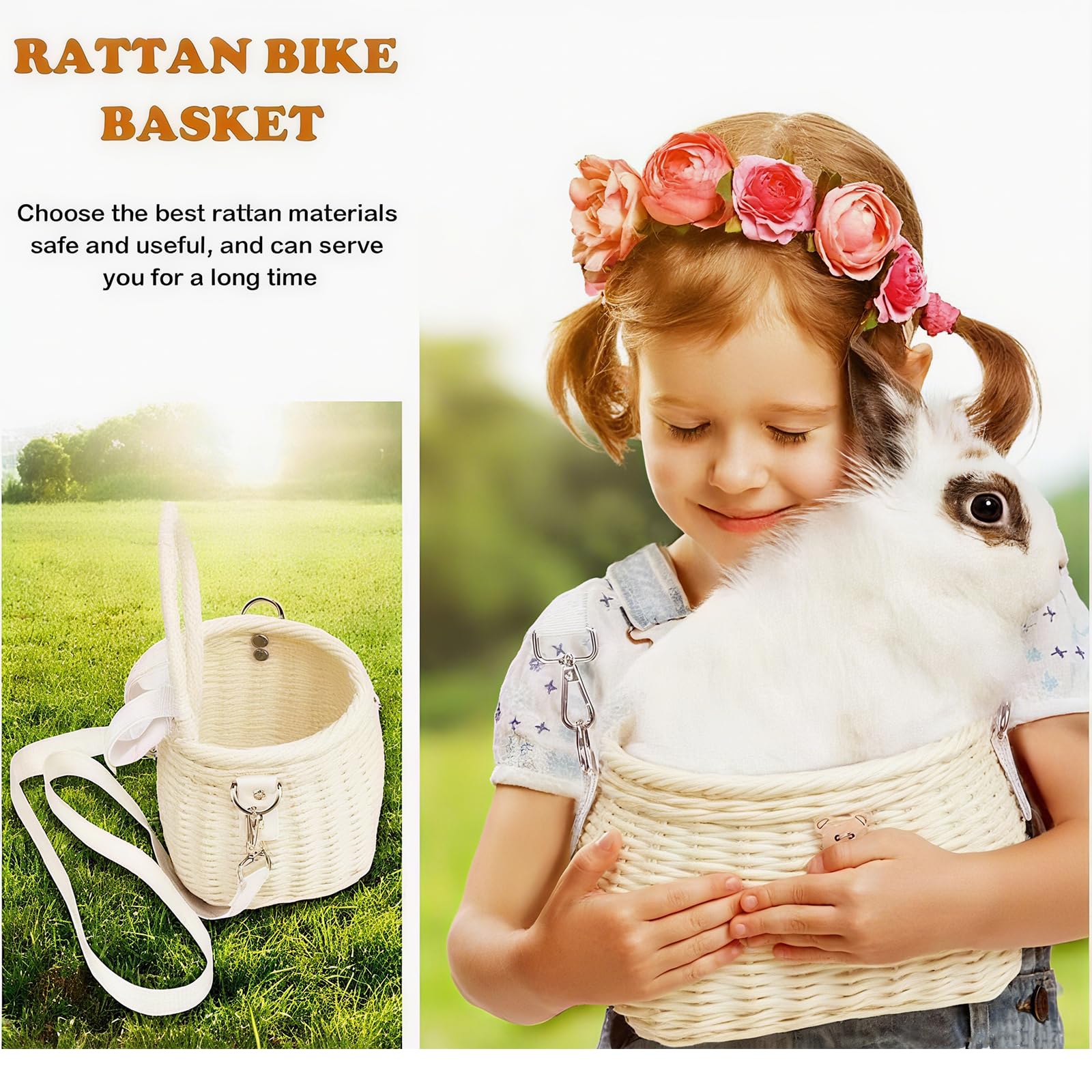 SVNR Panier de vélo pour enfants, panier de vélo avant pour garçons et filles, sac à dos tissé à la main avec couvercle, bandoulière et paniers de guidon avant en rotin, beige