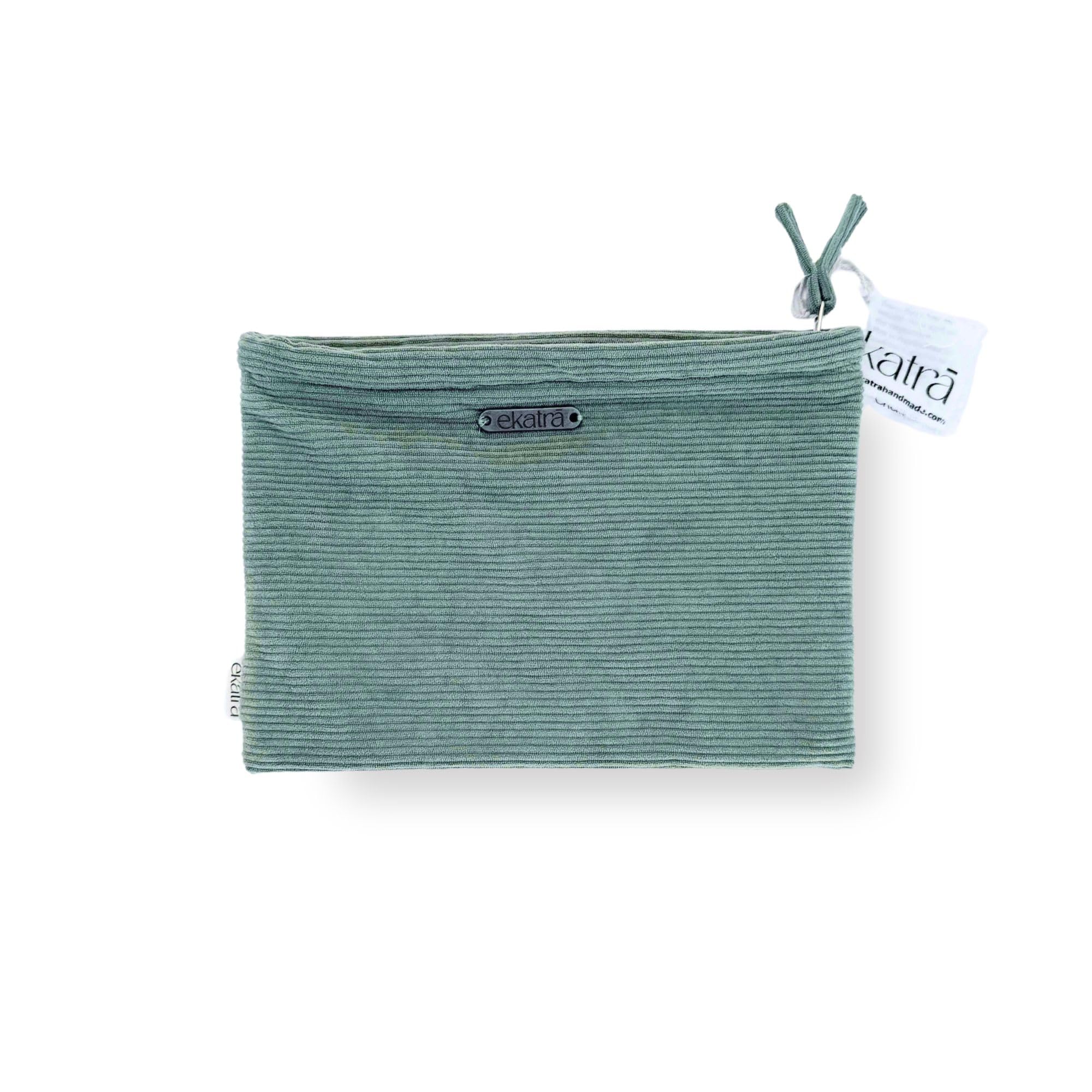 Ekatra Corduroy Pouch | 2 Pockets | Metal Zipper | 9x7 Inches | Soft Cotton Travel Pouch for Cosmetics, Stationery, Daily Essentials | Handcrafted Multipurpose Organizer – Sage-image-41