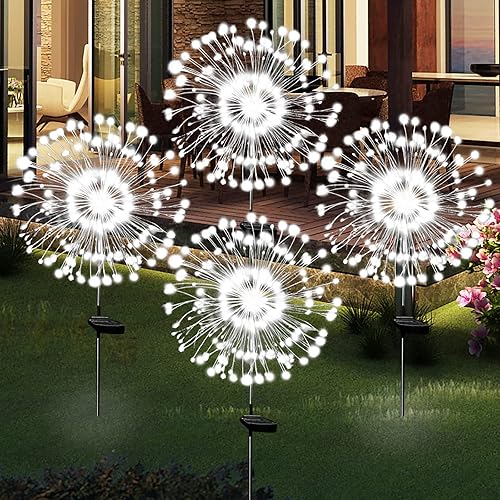 OriginalSourcing Luces Solares de Fuegos Artificiales para Jardín Exterior Impermeables, Paquete de 4 Estacas de Arte con Energía Solar Luces Blanco