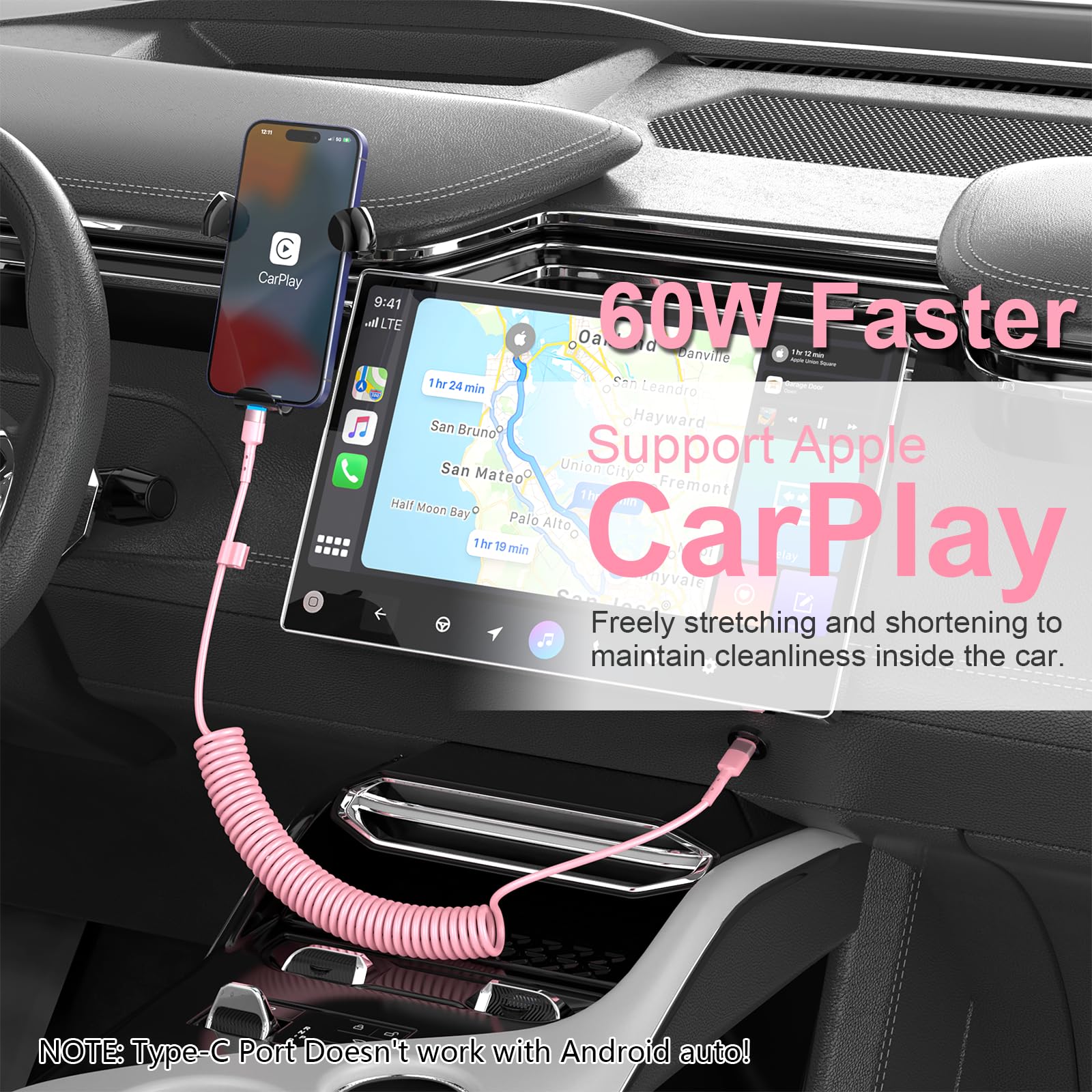 2Pack CarPlay USB-C to Lightning iPhone USB Coiled Charger Cable for Car/Uber,4Ft Apple Short Charging Cord Sync Data Retractable Charger Connector for iPhone14/13/12/11 SE/Xr/iPad[MFi Certified]-Pink