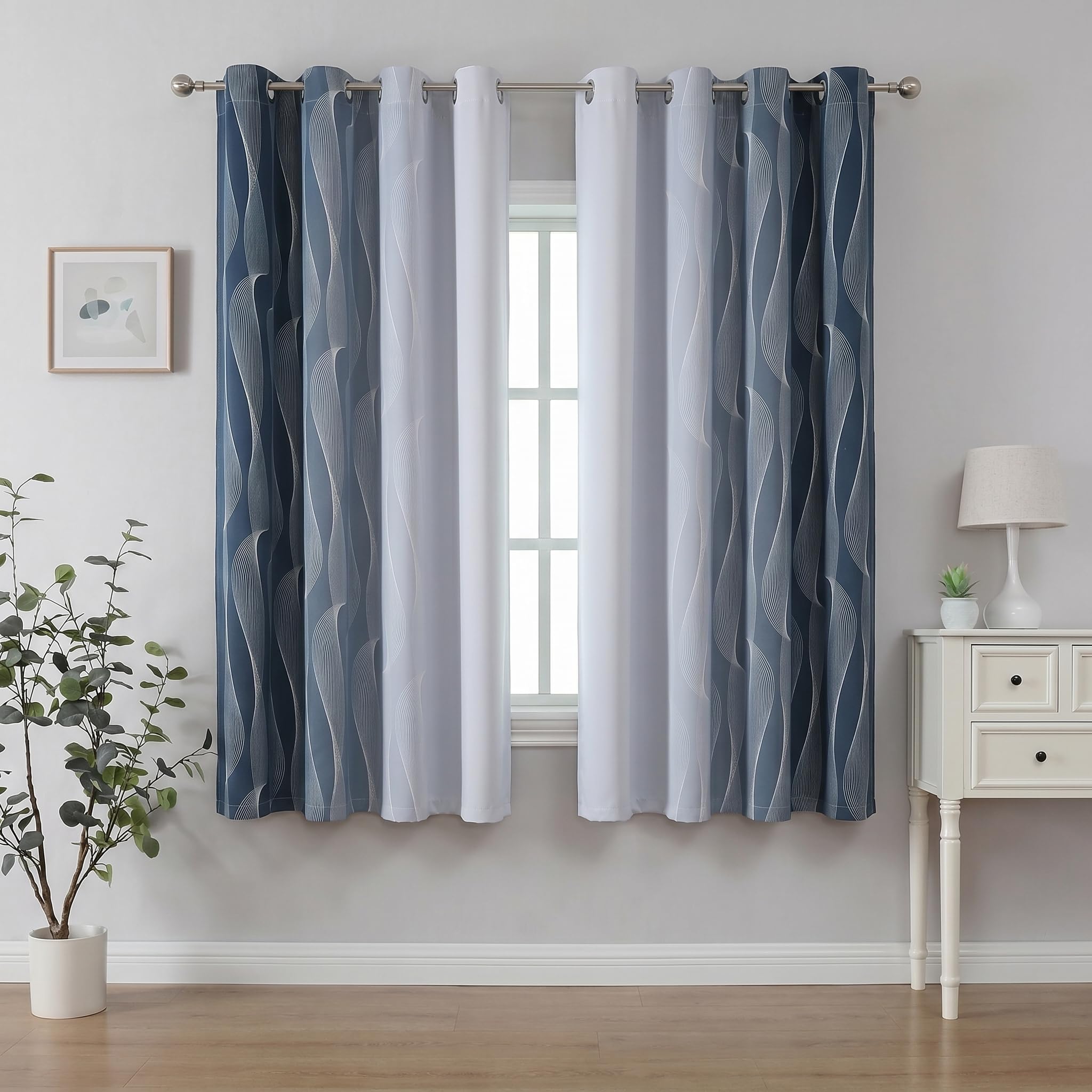 Gazal Vole Blue and White Ombre Curtains for Boy's Room – Modern Gradient Drapes with Wave Line Pattern, 63 inch Drop, 80-90% Room Darkening for Kids Playroom Living Room Office, 2 Panels