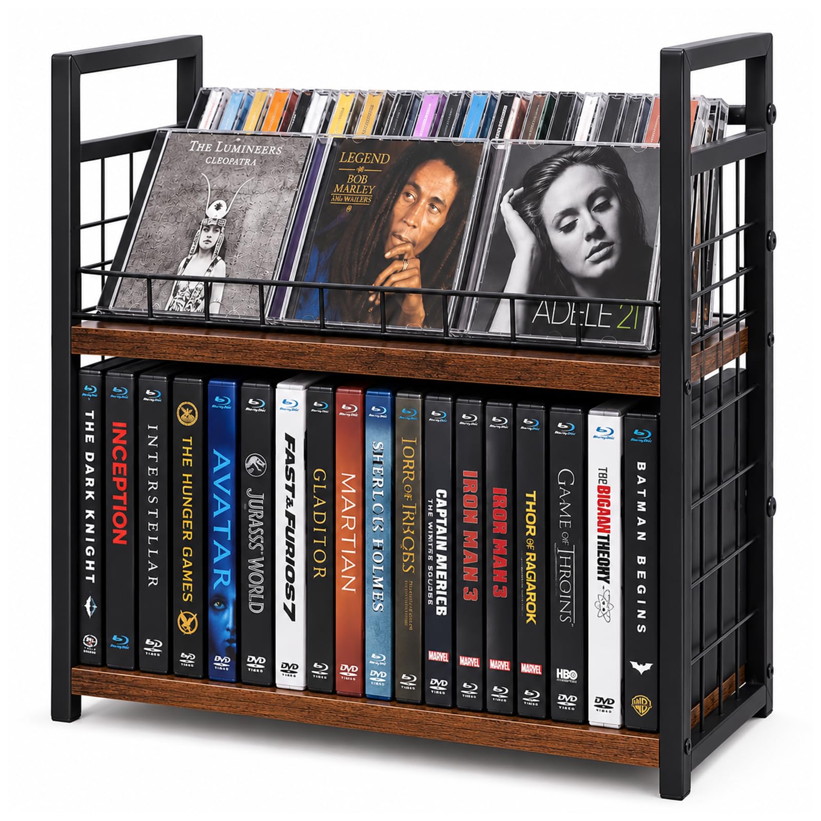 2-Tier DVD Storage Rack &amp; CD Display Shelf, Holds 56 DVD Cases, Stackable Metal Media Organizer Tower for Video Games, Blu Ray, VHS Tapes