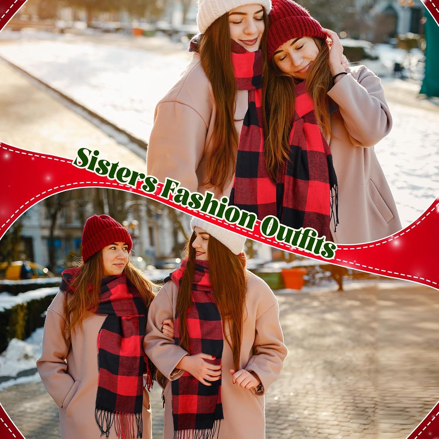 Cuffbow Christmas Santa Hat and Scarf Set Red Black Buffalo Plaid Scarf Santa Hat for Christmas Winter Party Gift