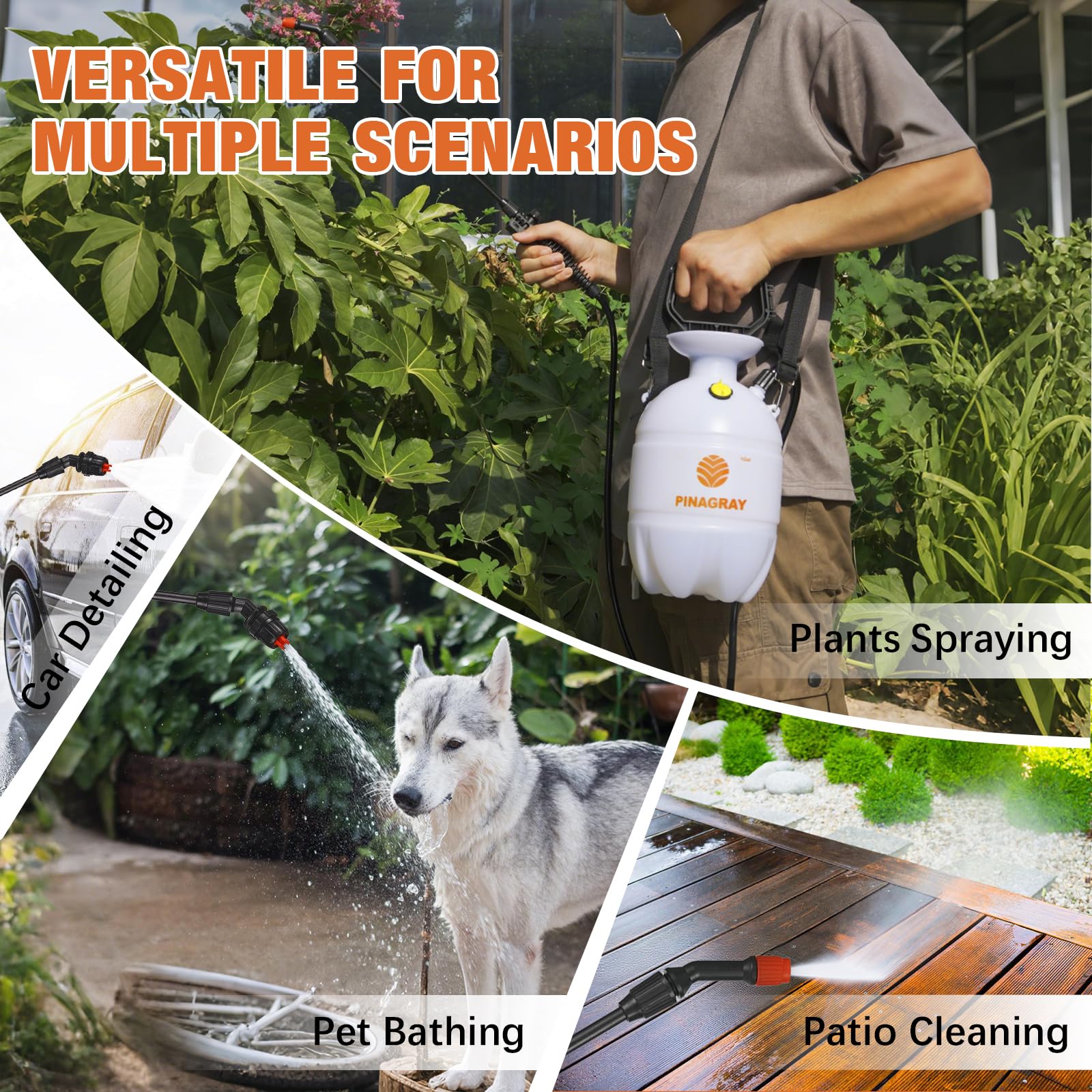 Pulverizador de presión de 1 galón/3.78 L – Bomba multiusos para jardín, césped y hogar con 2 boquillas, correa para el hombro y guantes, ideal como rociador de hierbas, plantas y agua