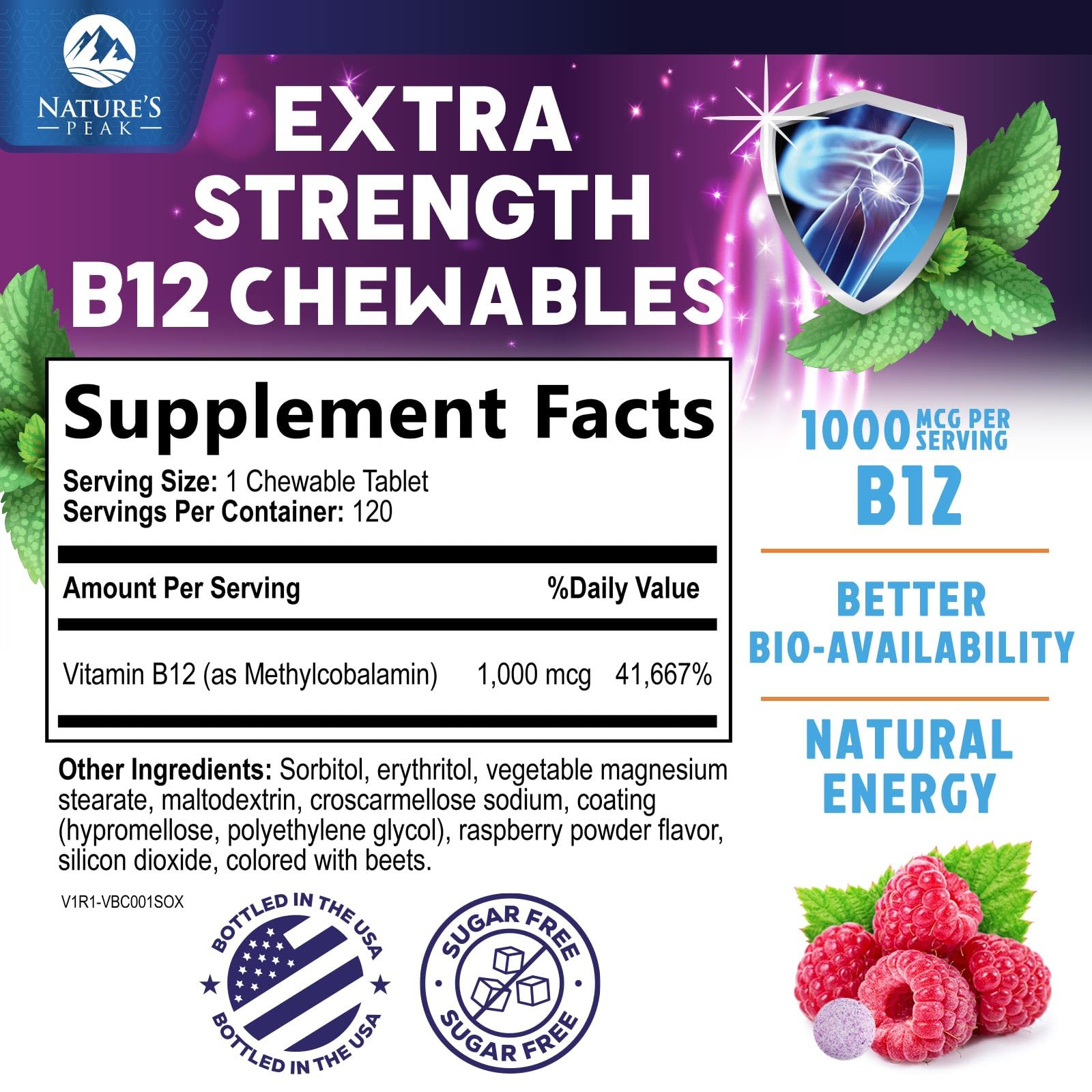 Vitamin B12 Complex (Methylcobalamin) 1000 mcg - 3X Strength B 12 Vitamins Supplement for Cellular Energy Metabolism, Nature's Nervous System Support, Bottled USA, Berry Flavor - 120 Chewable Tablets — Amazon image 2