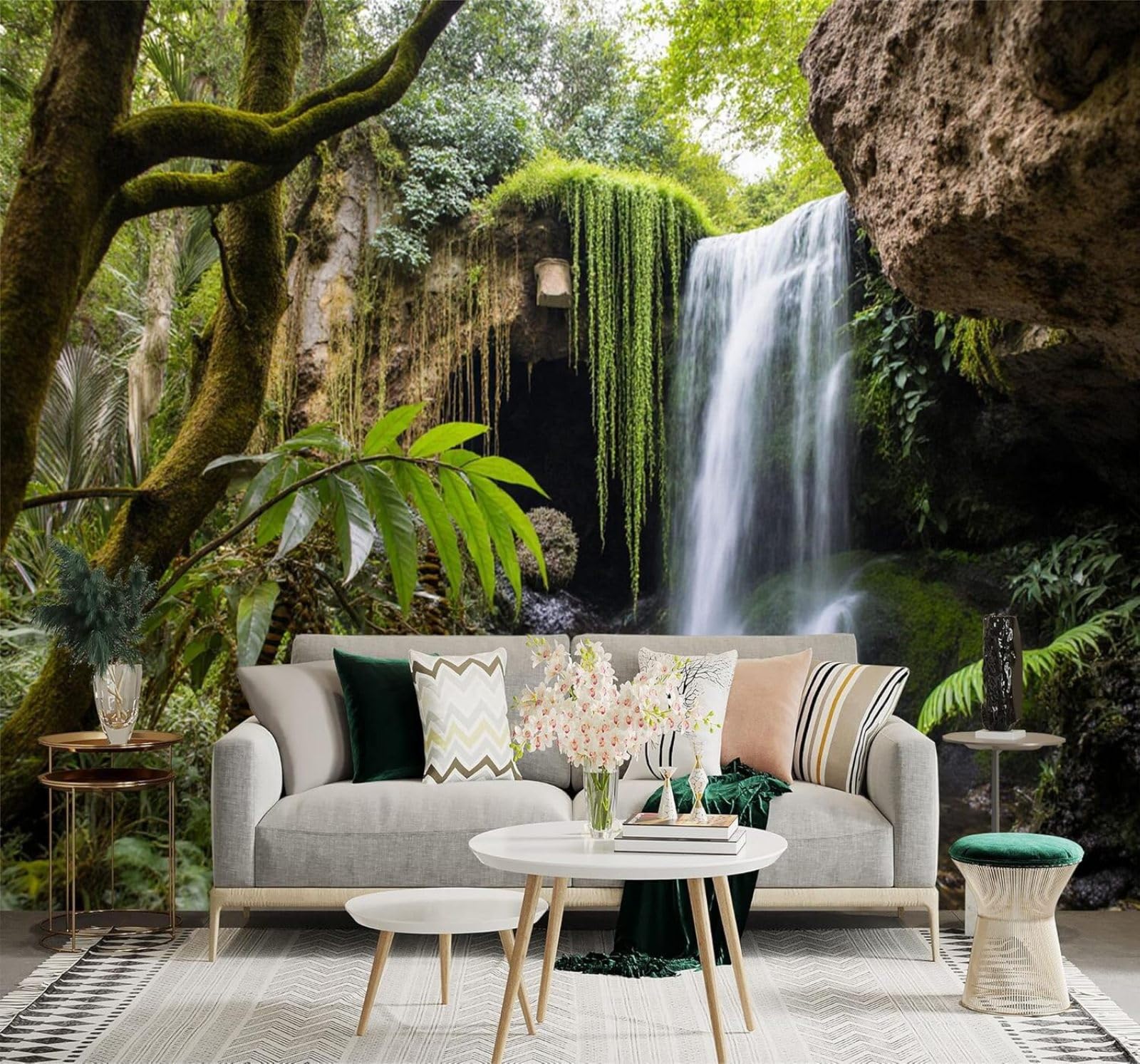 Xlming 250Cm×170Cm(B×H) Fresh Tropical Forest Waterfall Greenery Moss Covered Rocks 3D Wallpaper Silky Texture Home Study Office Grey Dining Room Sofa Bedroom Living Room Tv Backdrop-250Cm×170Cm