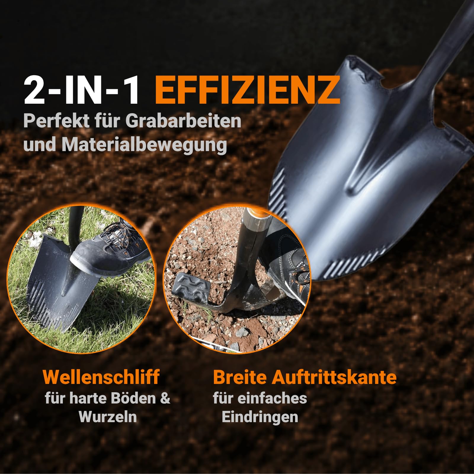 FRONTTOOL Spatenschaufel 2in1 Amerikanische Form | Gartenspaten | Profi Garten- & Bauwerkzeug aus Kohlenstoffstahl mit Fiberglasstiel