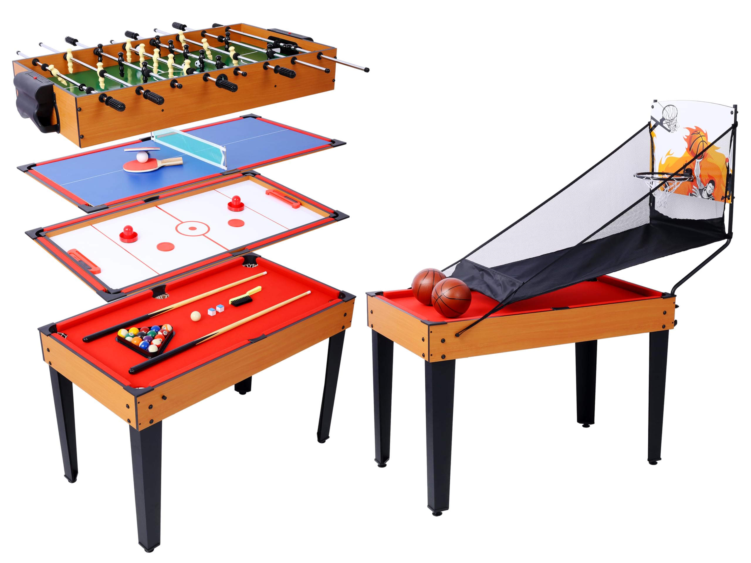 5-in-1 Multi-Game Table,Billiards,Push Hockey,Foosball,Ping Pong,Basketball,Durable,Indoor Sports Table with All-Inclusive Accessories, for Home Practice and Friendly Competitions - Brown & Red
