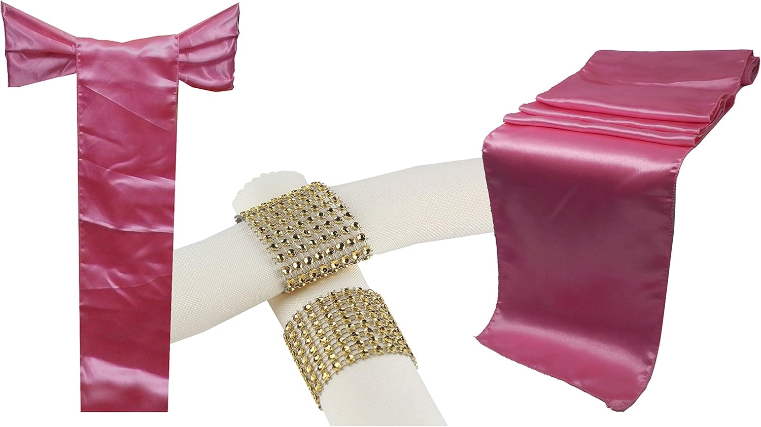 Combo Pack 10 Satin Table Runner 12x108 inch & 50 Chair Bow Sash & 50 Plastic Rhinestone Napkin Rings Wedding Banquet Kitchen HomeDecor