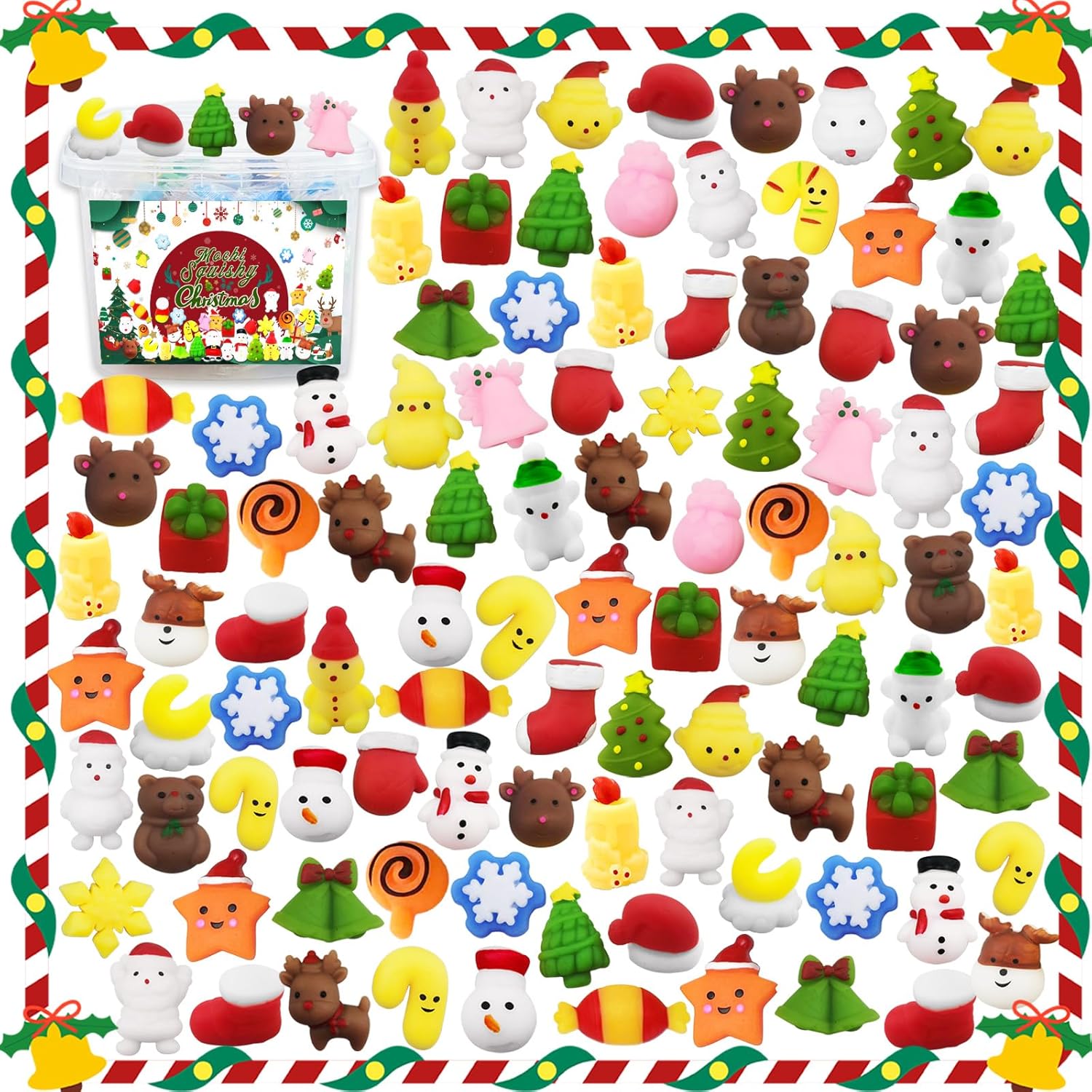 120 PCS Christmas Mochi Squishy Toys — Soft Stress Relief Fidget Toys for Kids, Cute Animal Designs, Non Candy Party Favors & Stocking Stuffers, Birthday Goodie Bags fillers with Storage Box