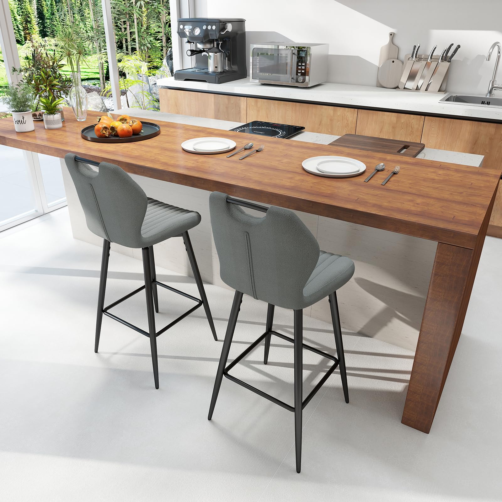 WAFTING 360° Drehbar Barhocker 2er Set, 75cm Sitzhöhe, Atmungsaktiver Barstuhl mit Griff, aus Stoff, Gepolstert, mit Lehne & Fußstütze, für Küche, Theke, Esszimmer, Dunkelgrau