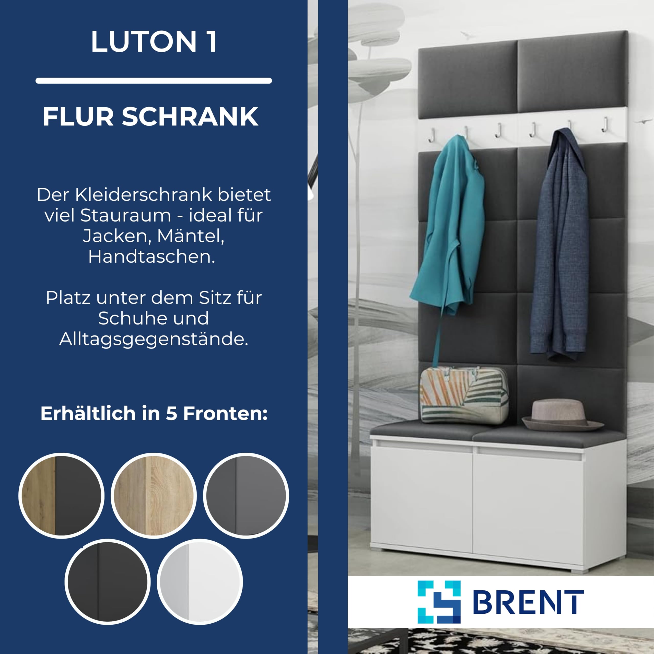 Brent - Garderobenschrank Flur Grau mit sitzbank 100 cm Breit Luton 1 - Multifunktionale Flurgarderobe Set mit Stauraum und Wandpaneel, Garderobe mit Sitzfläche und Kleiderhaken