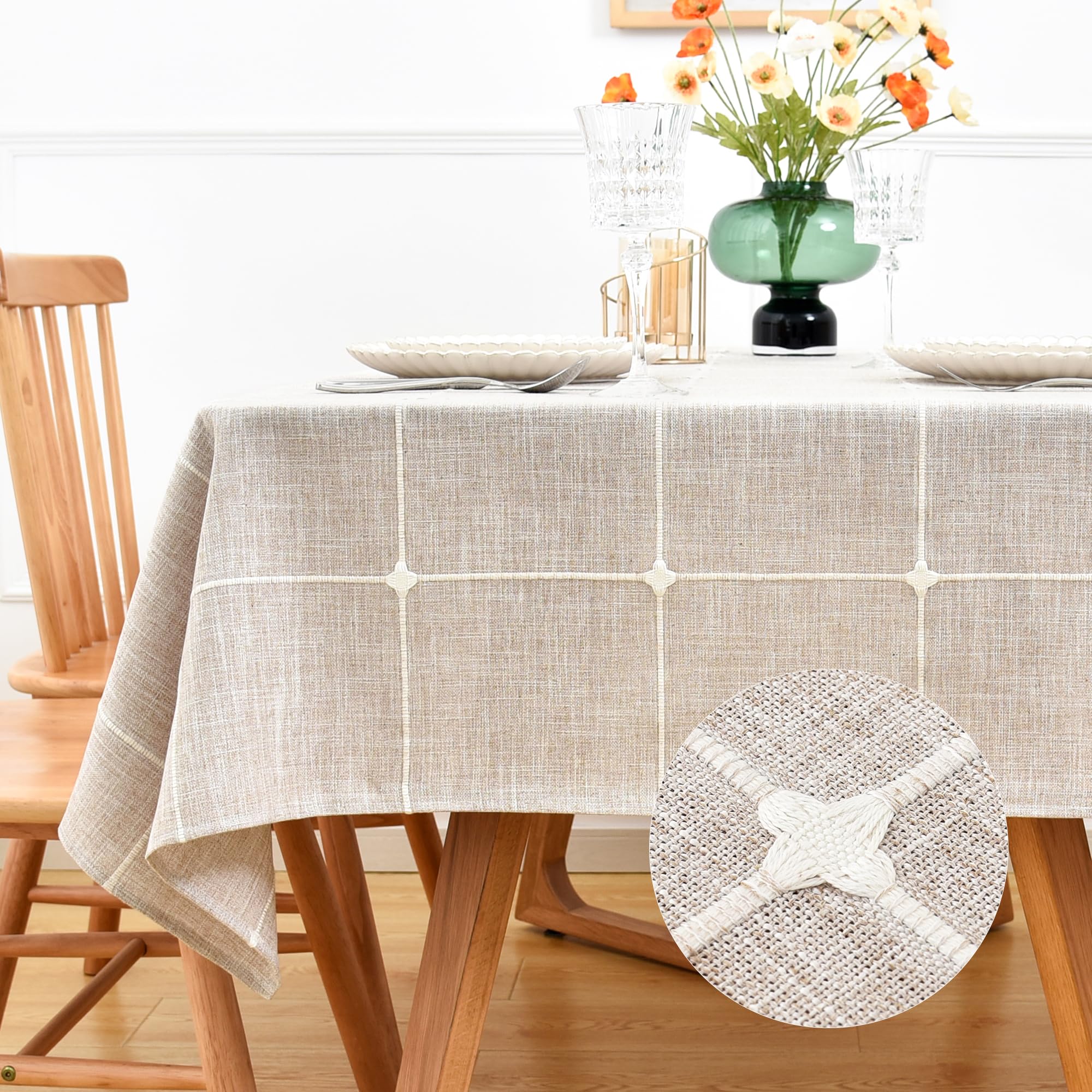 NEWISHER Farmhouse Embroidered Plaid Tablecloth Lattice Fabric Table Cloth Square Rustic Brown Checkered Table Cover Dining Kitchen Home Decor Party