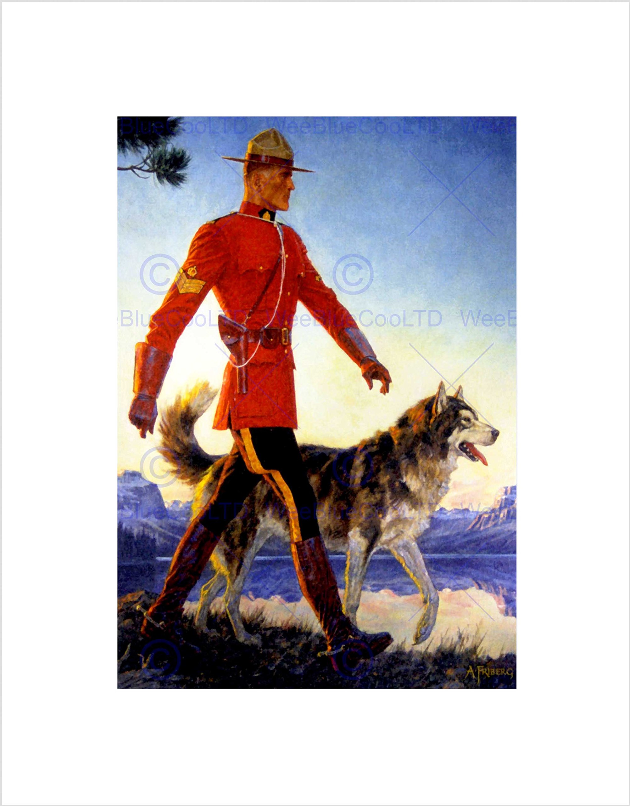 Wee Blue Coo PAINTING MOUNTED POLICE MOUNTY MOUNTIE WOLF HUSKY CANADA FRAMED PRINT B12X7454