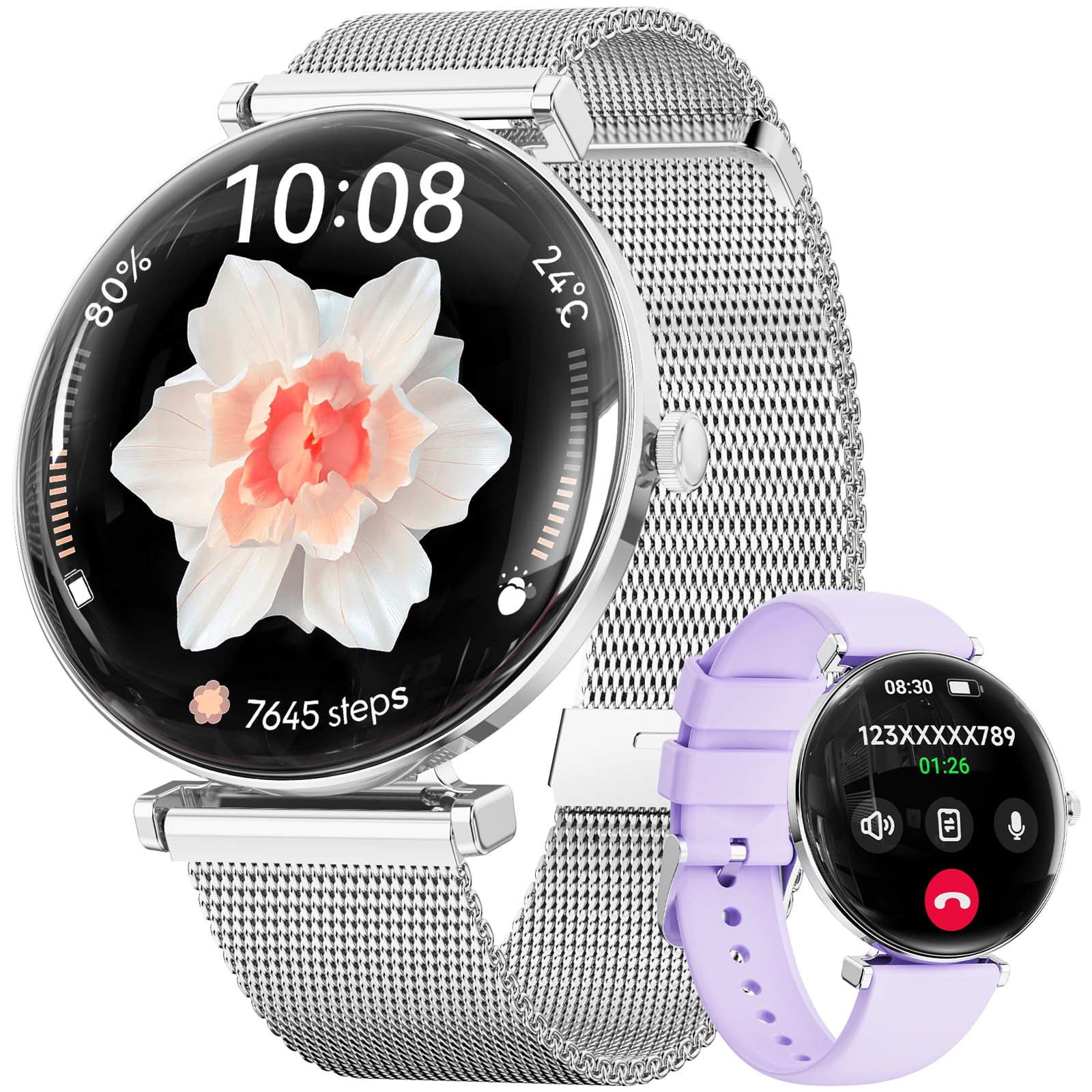 Smart Watches for Women Men[Calls/2 Bands/Metal Thin Body] for Android iPhone Samsung Compatible,1.43" Micro-Spherical AMOLED Screen,IP68 Waterproof Sports Watch (Silver-Purple)