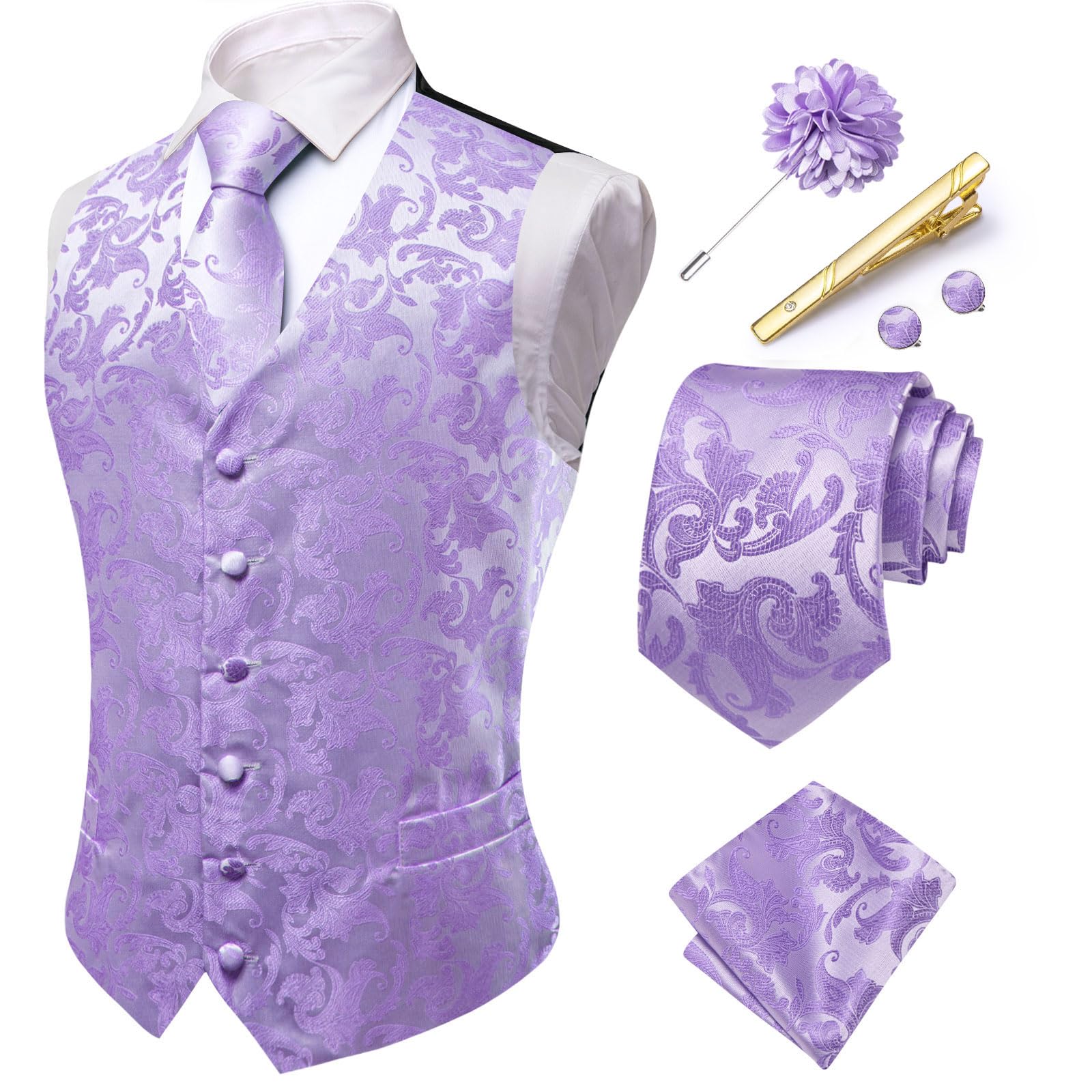 Hi-Tie Ensemble de gilets en soie jacquard pour homme avec poche à revers et cravate pour smoking de mariage