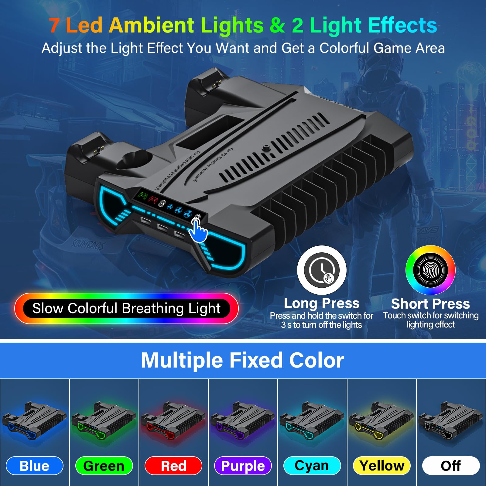Stazione di raffreddamento PS5/Slim/Pro con stazione di ricarica controller per console Playstation 5 - Supporto RGB PS5 con caricabatterie controller, kit di accessori per supporto di