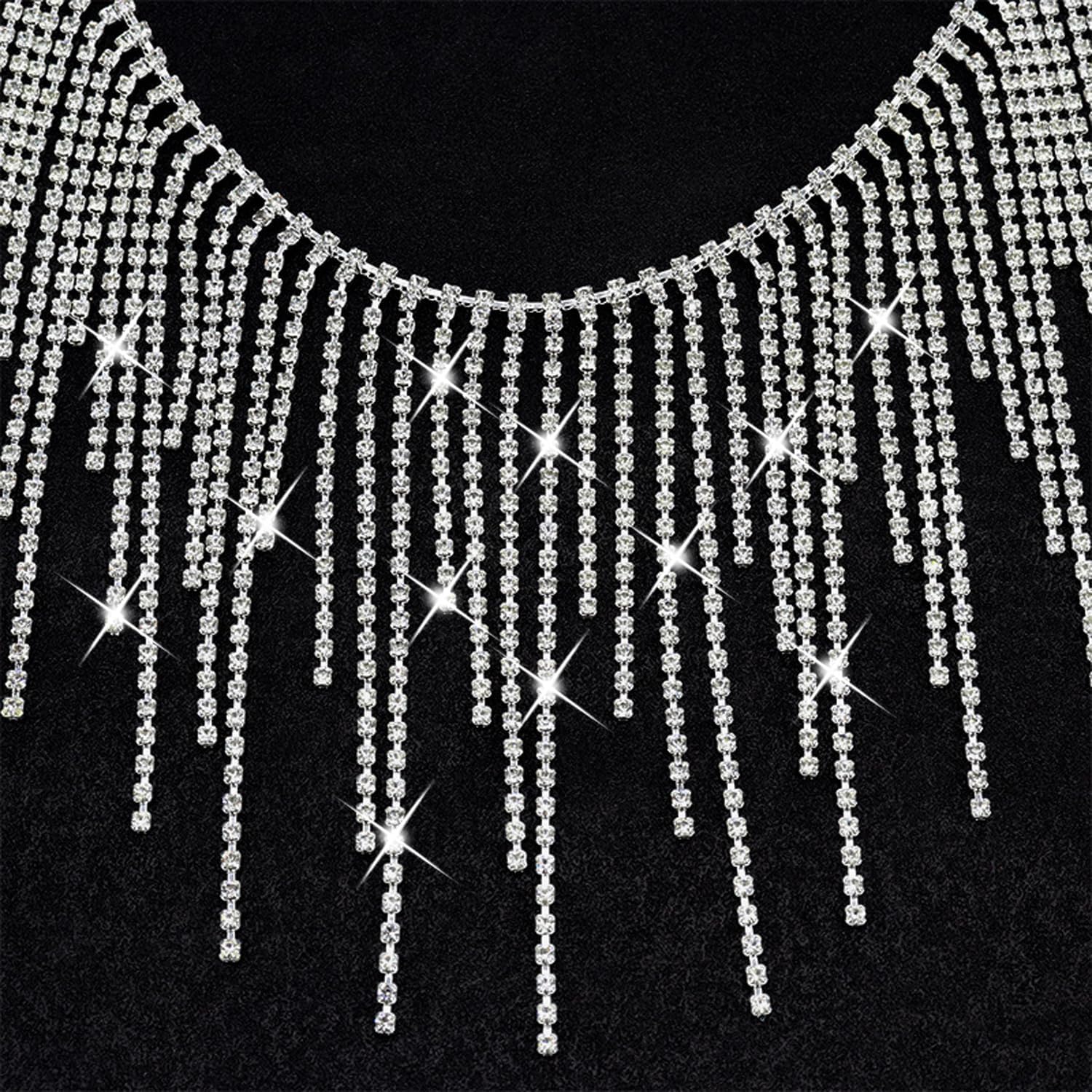 iHMeiju Rhinestone Fringe Trim, 1 Yard Sparkle Rhinestone Trim Rhinestone Fringe Belt Rhinestone Fringe Trim, Sliver Diamond Fringe Rhinestone Tassel Chain for Jeans Clothing DIY.