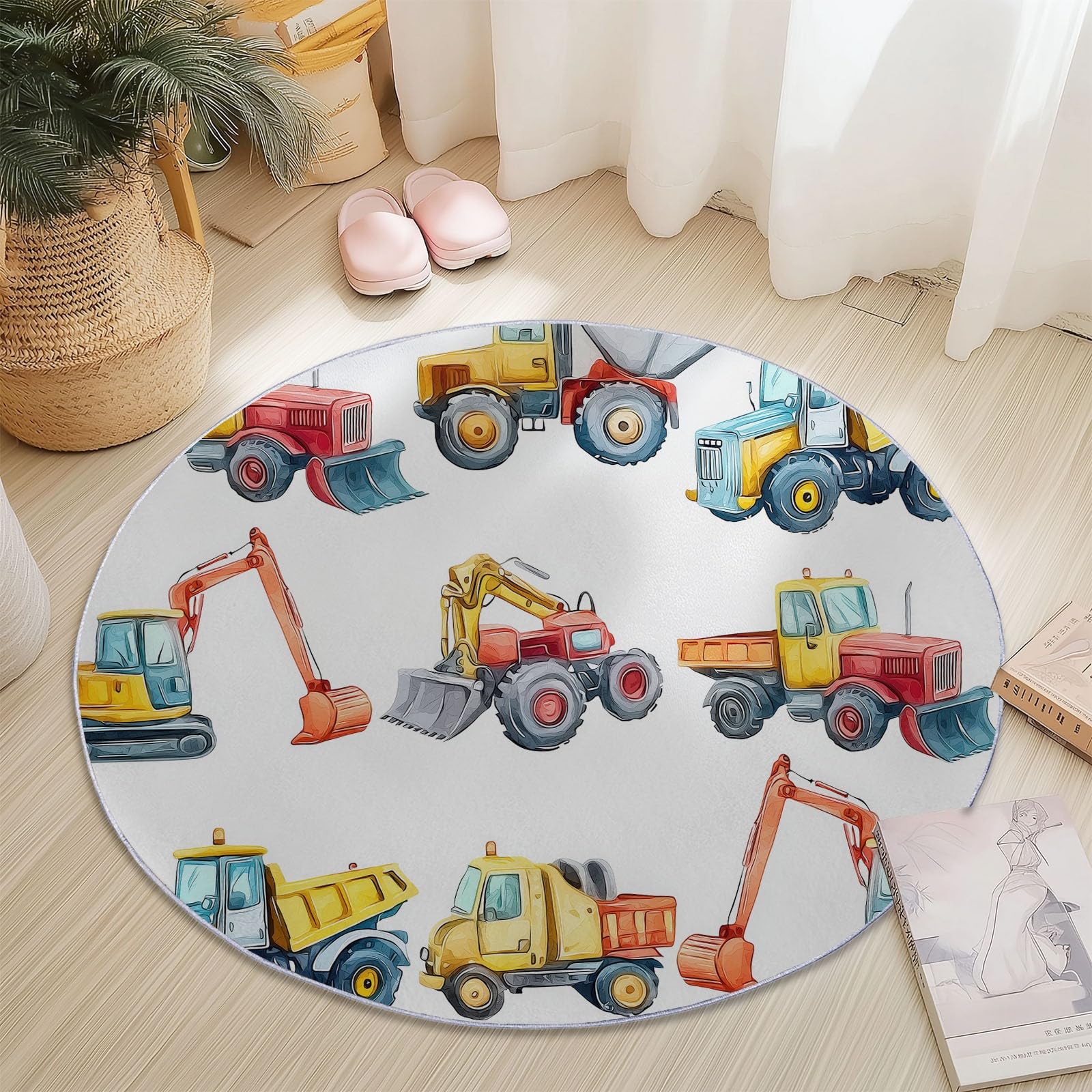 Generico Tappeto rotondo per soggiorno Modello Di Veicolo Da Costruzione, Stile Cartone Animato Tappeto morbido antiscivolo per sala da pranzo, camera da letto, cameretta bambini, 150 cm, Bianco