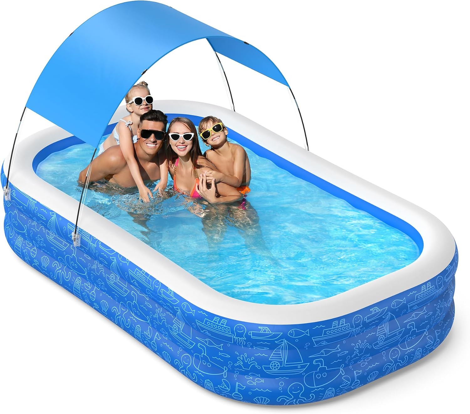 Large Inflatable Swimming Pool with Removable Canopy, 150" x 70" x 20" Full-Sized Kiddie Pool for Kids & Adults, Outdoor Blow-Up Pool with Sun Shade for Backyard & Garden, Durable & Safe, Age 3+