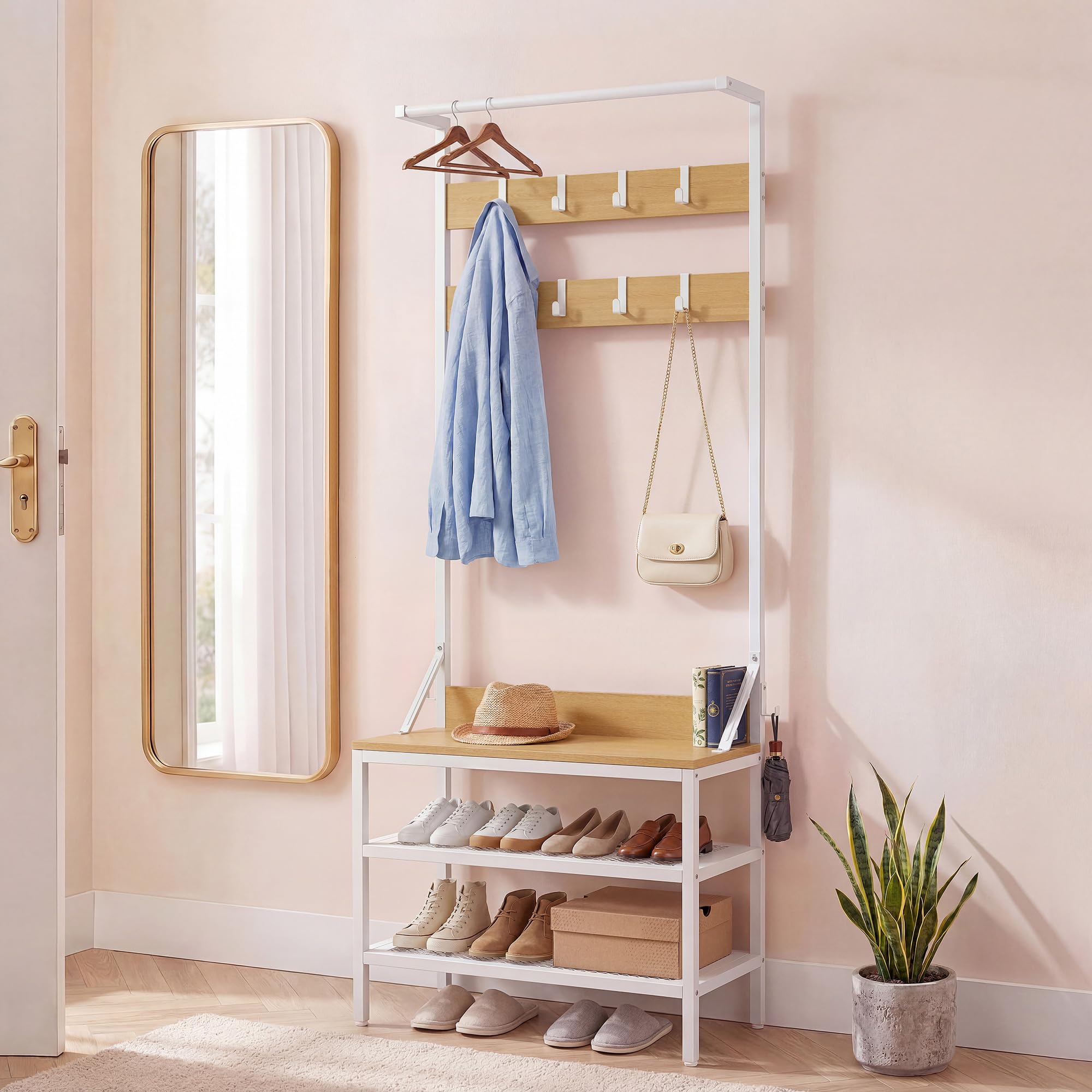 YITAHOME Appendiabiti a 2 ripiani, con porta scarpe, stand appendiabiti, industriale, con 9 ganci per corridoio, soggiorno, camera da letto, telaio in metallo