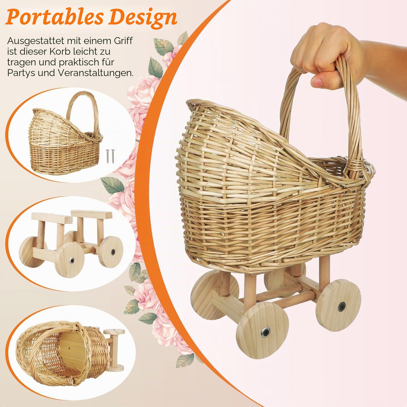 Cabilock Handgeflochtener Rattankorb Mit Griff, Kinderwagenförmiger Blumenkorb Für Blumenmädchen, Korb Für Hochzeitsdeko, Babyparty Geschenkekorb, Dekorativer Blumenkorb
