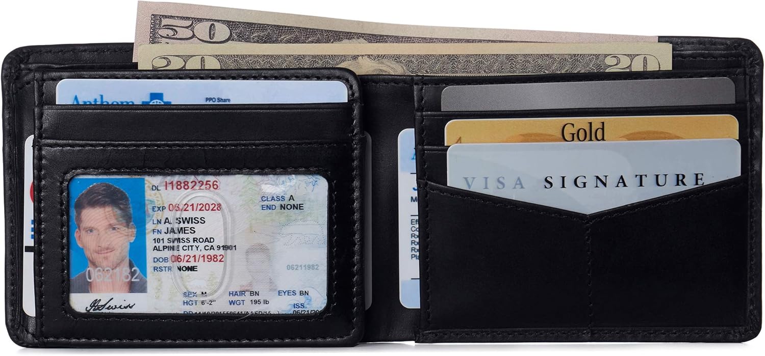Alpine Swiss Mens Wallet for Men | RFID Protected Leather Mens Wallet | Spencer Bifold with Divided Bill Section | Gift Box | 2 ID Windows | 14 Card & Storage Pockets for Organization - Image 5