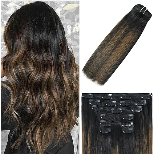 WindTouch Clip in Hair Extensions Real Human Hair 18inch 120g 7Pcs #1BT6P1B Ombre Natural Black to Chestnut Brown Balayage Hair Extensions Clip ins for Women, Human Hair Extensions