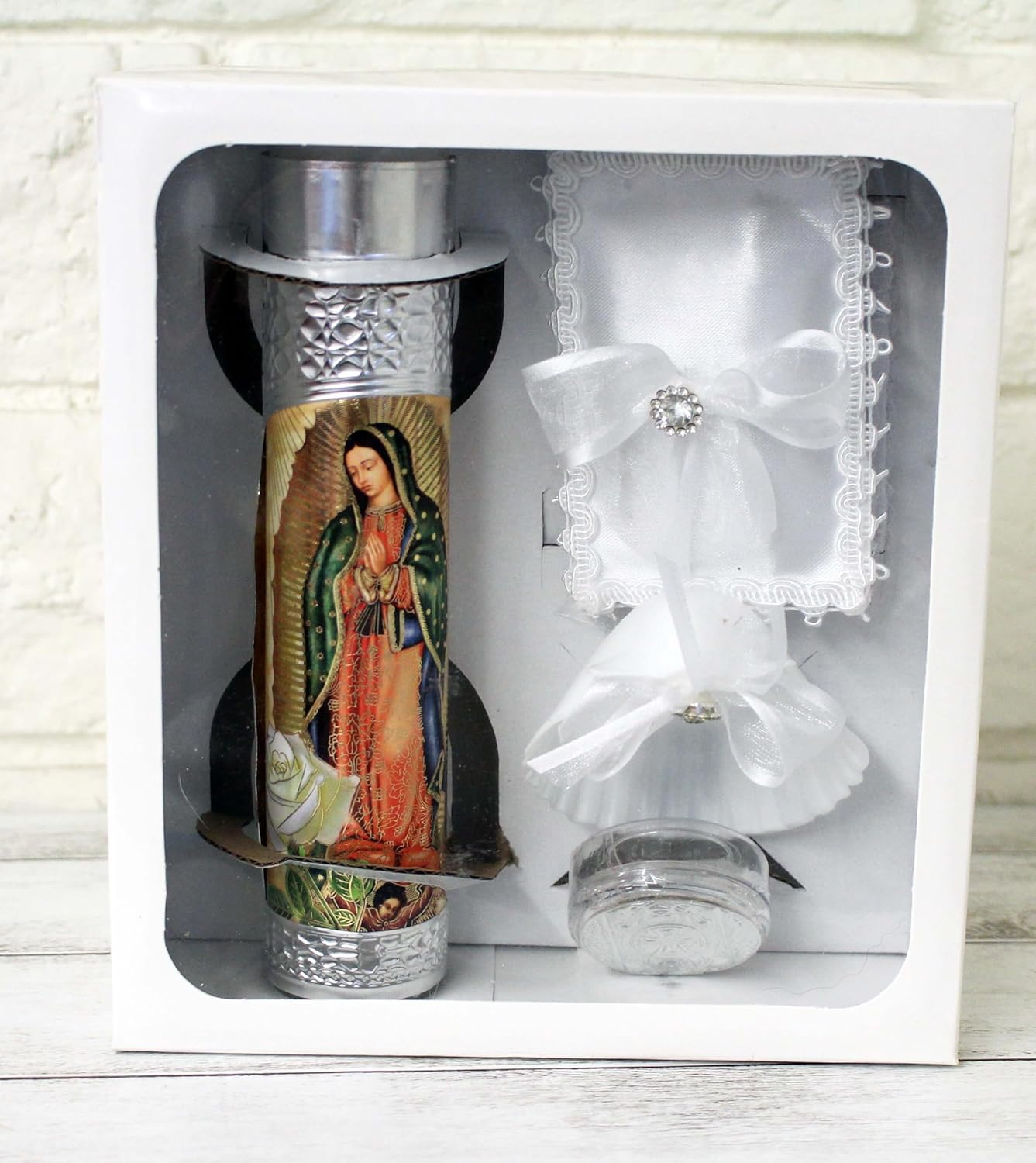 Beautiful Handmade 5 Piece Color Silver Guadalupe Foil Baptism Christening Shells Candle Set Favors Girl Boy White Set de Bautizo Espanol Nina Nino Baptism Communion Lace Gift Box
