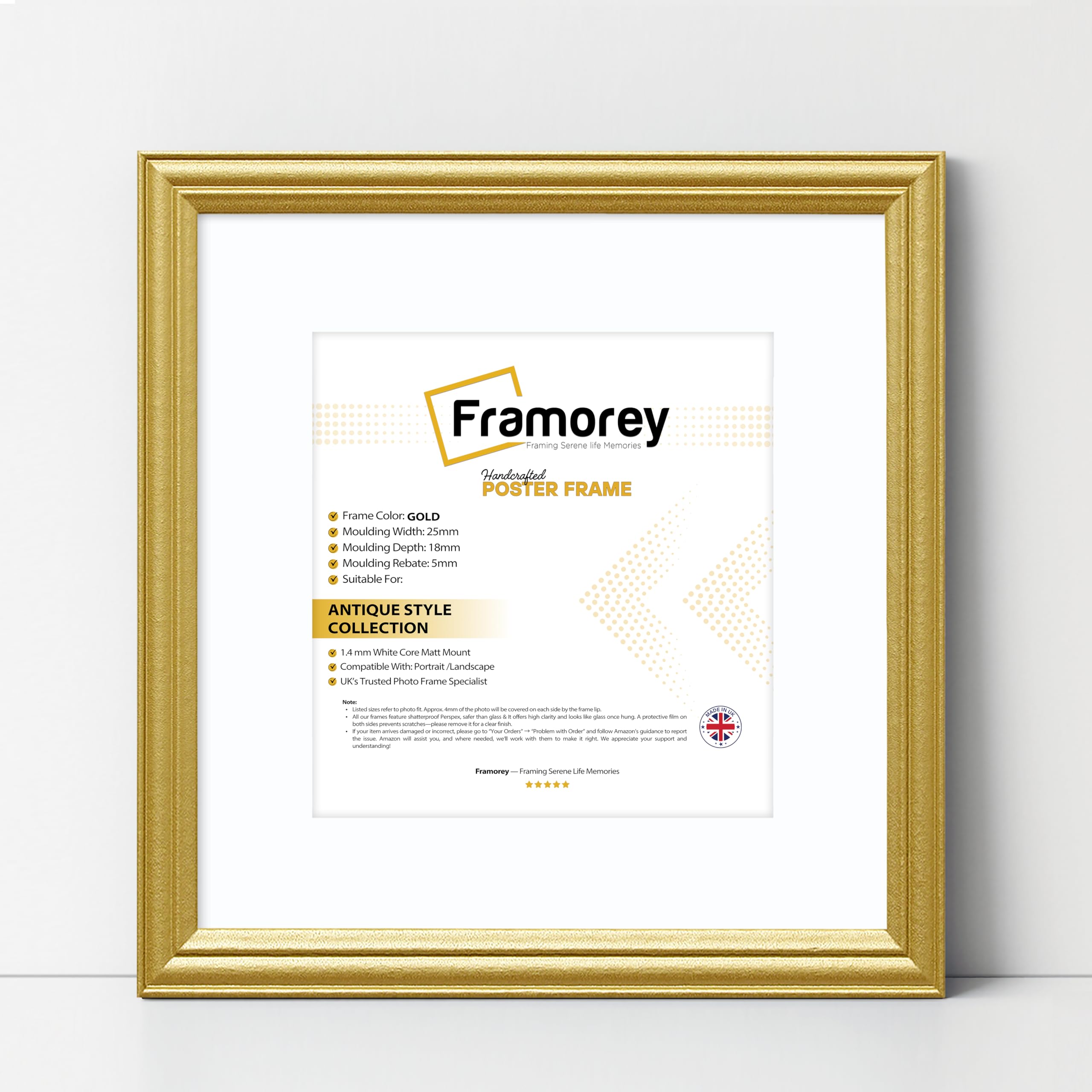 FRAMOREY Square Photo Frames, 45x45CM Size Gold Picture Frame With 35x35CM Size White Mount, LW Antique Style Home Wall Decor Frames, Wall Hanging Art Poster Frames, MDF Wood Frames