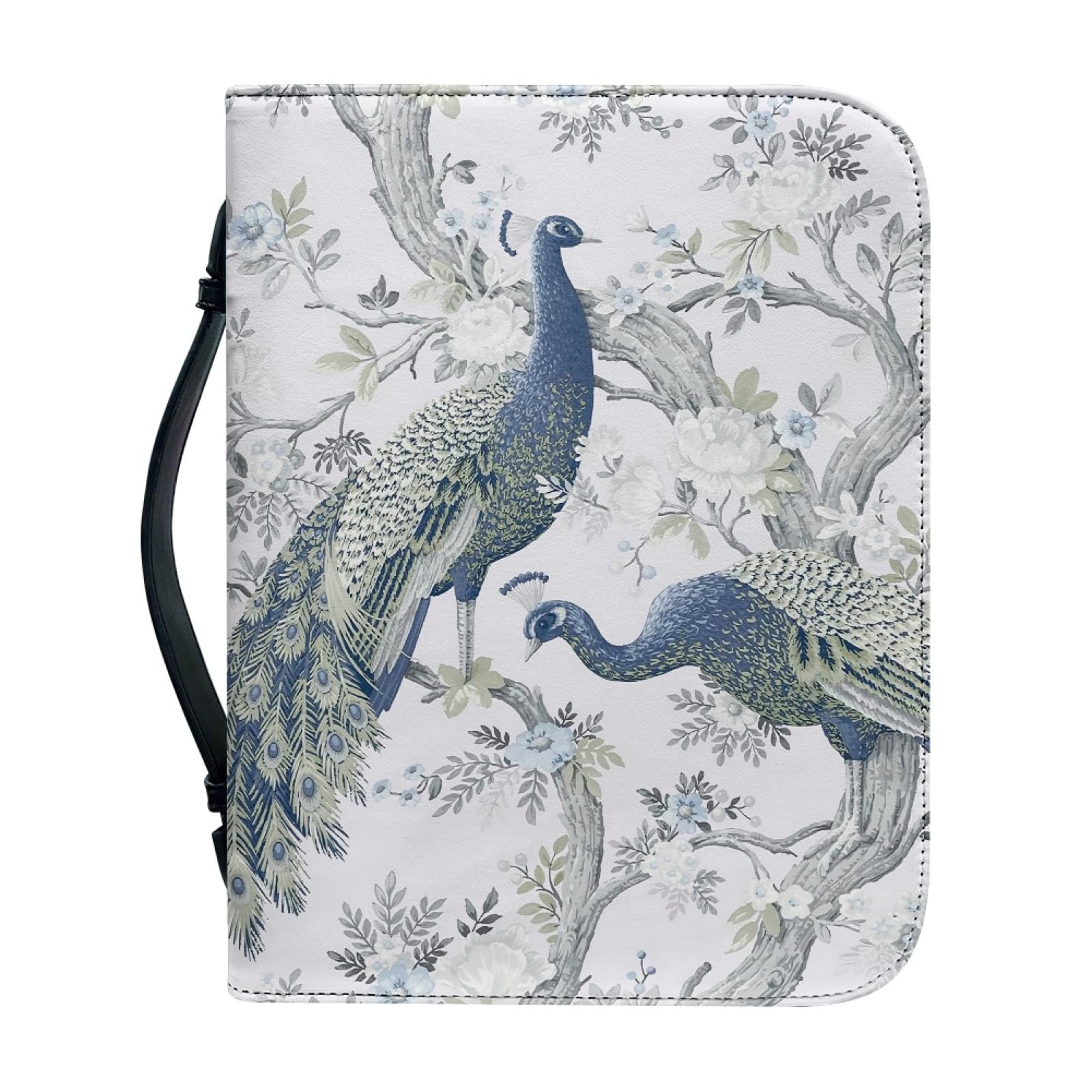 Kuiaobaty Peacock Floral Book Carrying Case with Handle, Countryside Birds Flower Zipper PU Leather Book Cover for Novel,Notebook — image 1