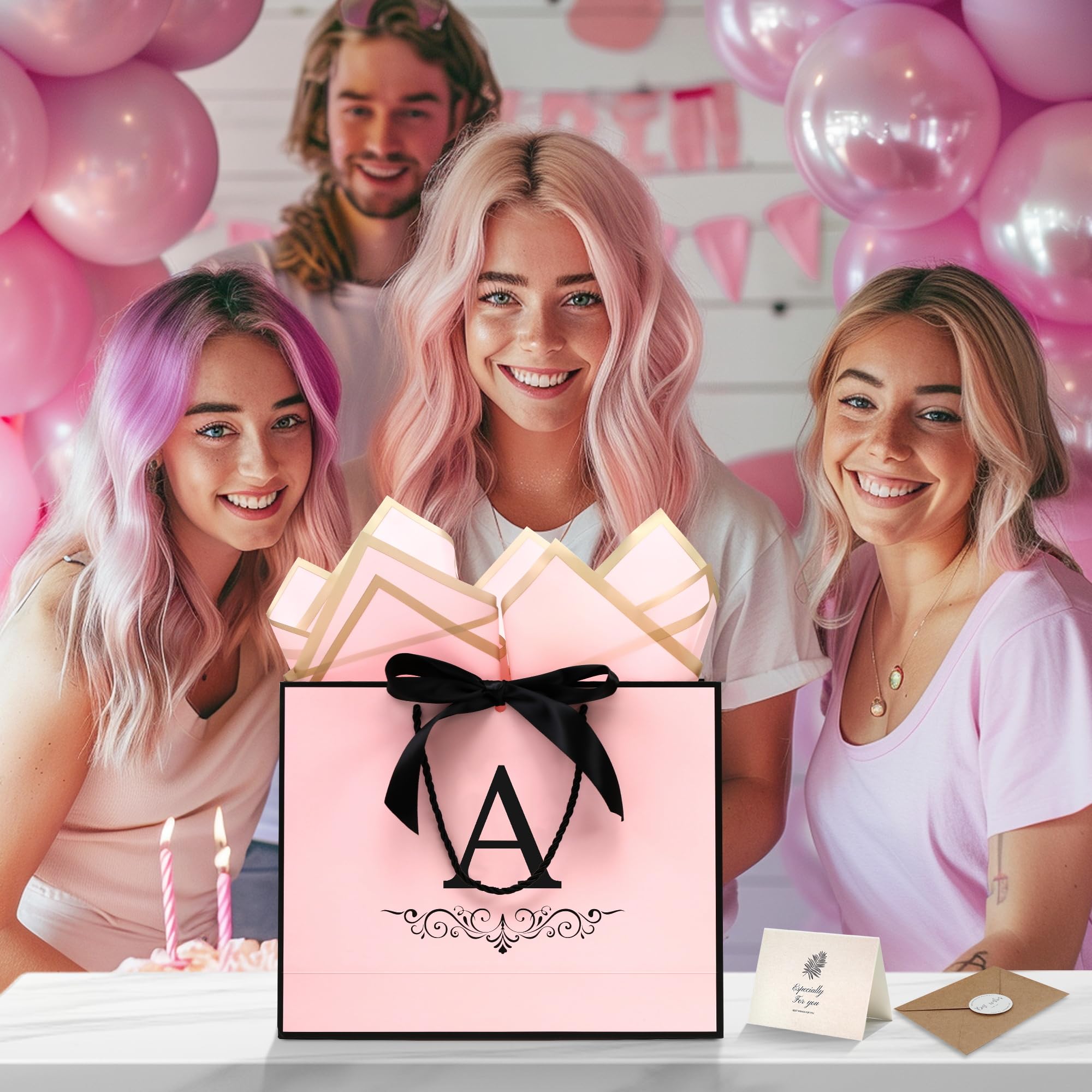KeerxunBag Paper Personalized Gift Bags for Women Girls with Initial - Monogrammed Pink Paper Gift Bag with Ribbon Bow, Matching Tissue Paper, Card and Envelope Sticker (A, Medium)