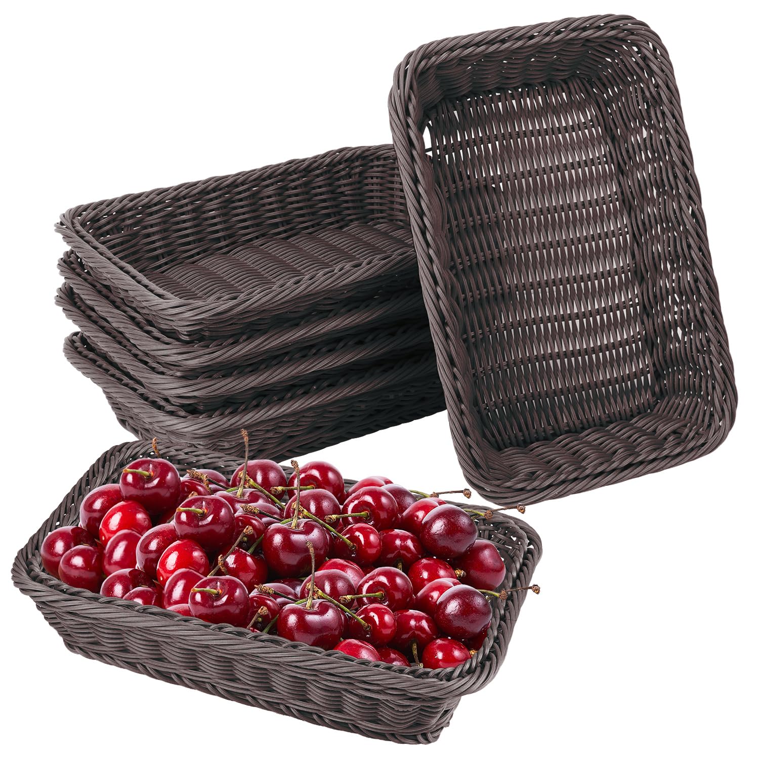 IHDYPPEW 6 Pack 12 Inch Deep Coffee Wicker Bread Basket, Handmade Woven Organizer, Rectangular Fruit Baskets, Snack Basket Food Serving Baskets for Dining Table, Candies, Crackers, Fruit, Vegetables