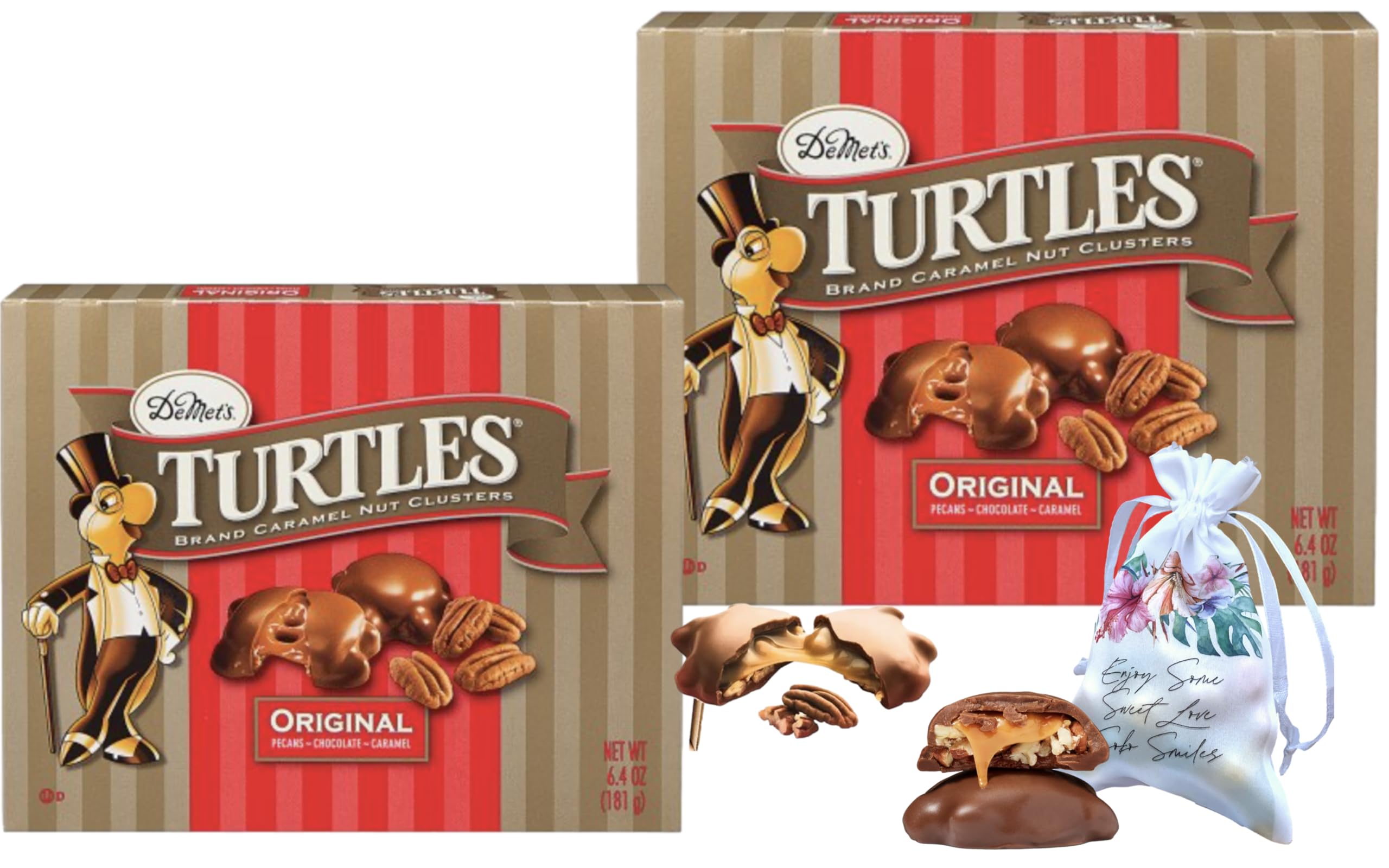 DeMet's Turtles Original Pecan Nut Cluster 2 (4.6 oz) Boxes Included | Crisp premium pecans & creamy caramel | Luscious milk chocolate Great for Holidays, Valentine | Soko Smiles Pocket Bag Included.
