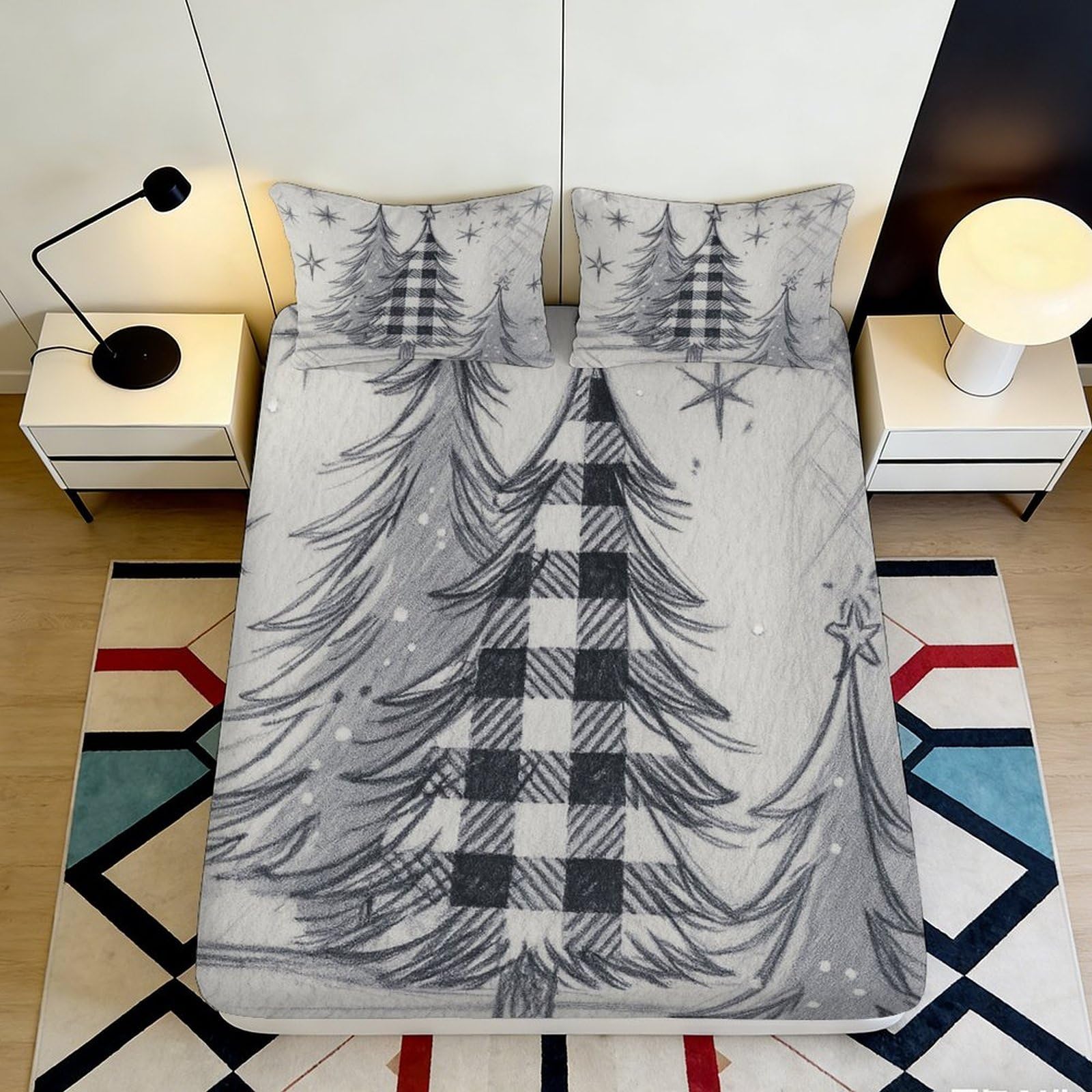 3D Printed Plaid Pine Tree Fitted Sheet Microfiber Soft Breathable Winter Forest Bed Cover for Bedroom Dormitory Guest Room Mattress Protection 200x200x25cm
